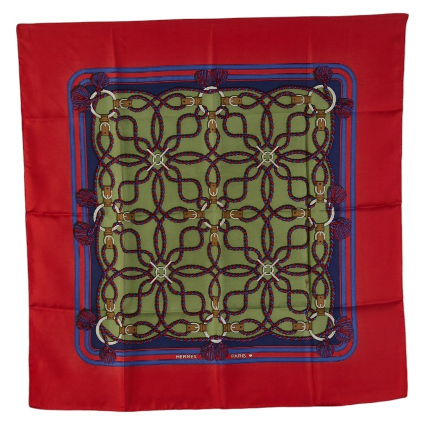 Hermes Carré 80 Rope Belt Tassel Scarf Muffler in Red, Green, and Multicolor Silk
