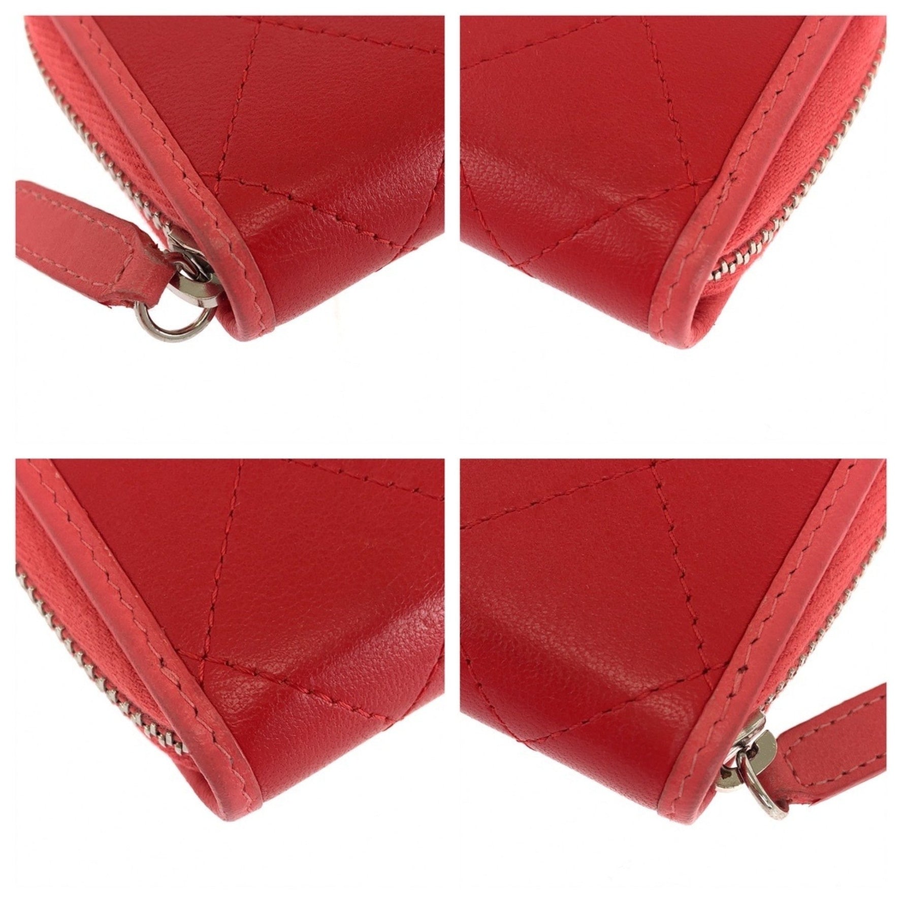 CHANEL Matelasse Coco Mark Red Pink Silver Hardware Lambskin Compact Wallet Wallet/Coin Case Fragment