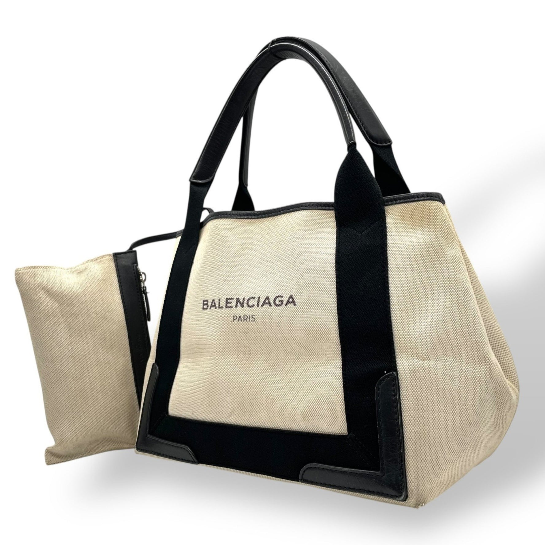 BALENCIAGA Cabas Handbag Tote Bag in White and Black Canvas with Leather Pouch