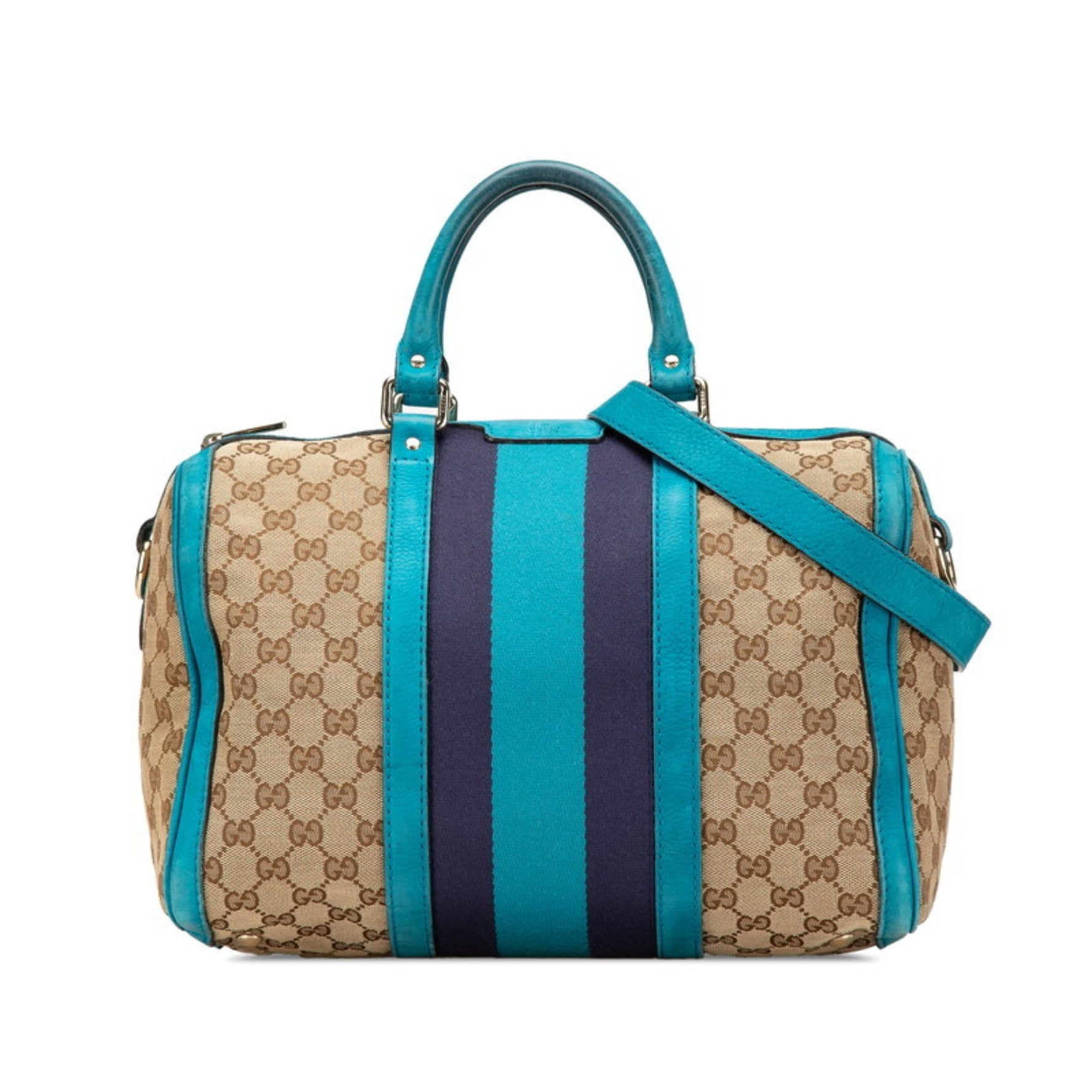 Gucci GG Canvas Handbag Shoulder Bag Beige Blue Leather
