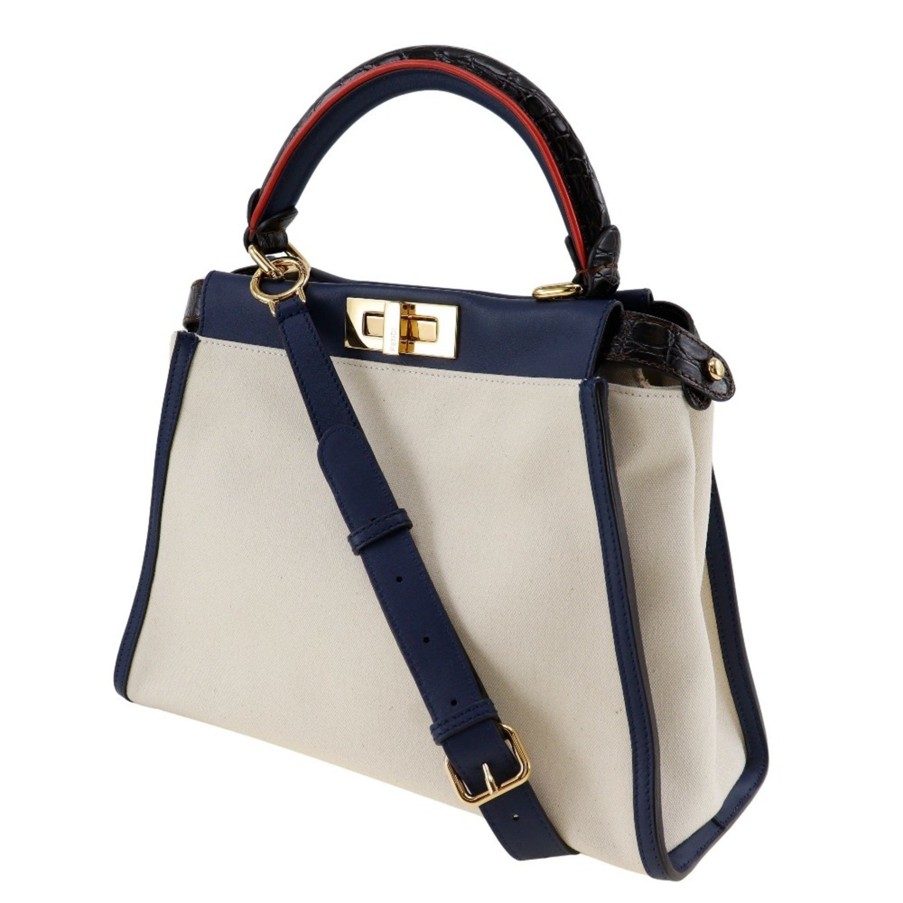FENDI Peekaboo handbag shoulder bag canvas x calfskin white/navy turn lock