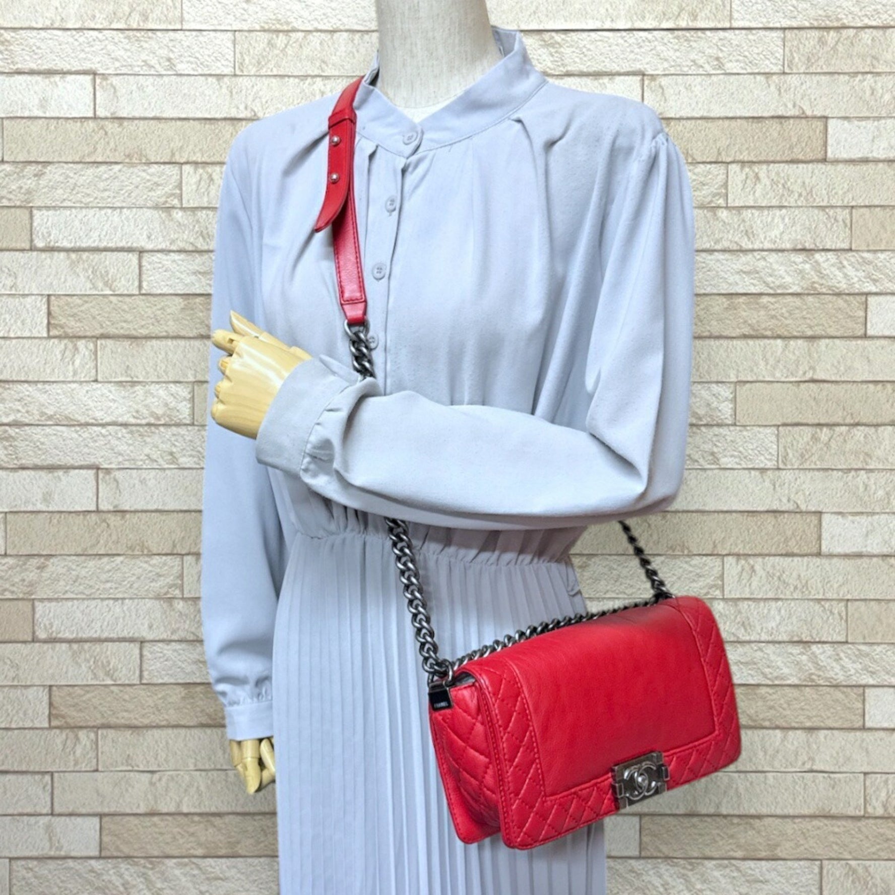 CHANEL BOY Shoulder Bag Leather Red W Chain