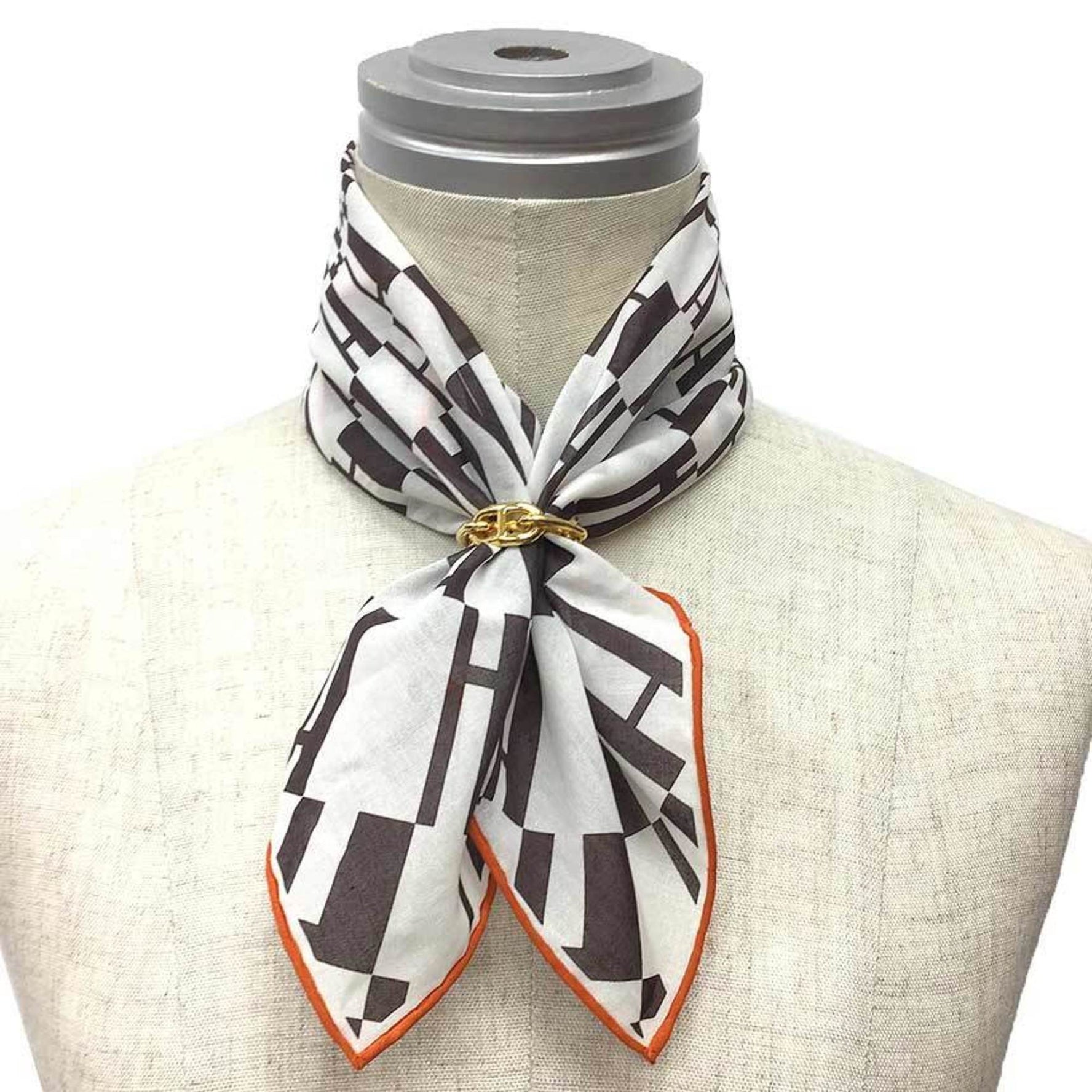 HERMES OP'H H-patterned bandana handkerchief, 100% cotton, white and brown, pocket square, neckerchief, Hermès handkerchief