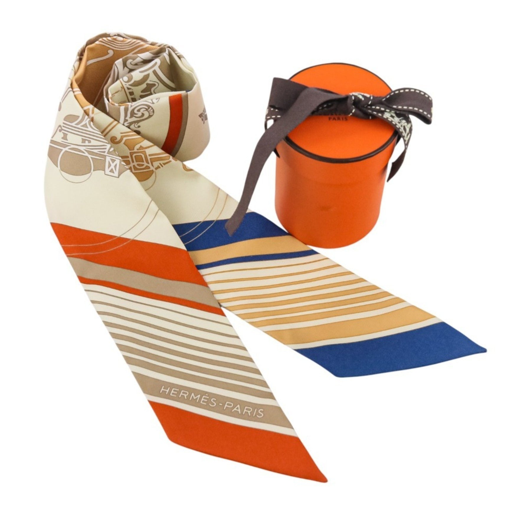 HERMES Twilly Ex-Libris Silk Scarf/Muffler in Cream, Beige, and Orange