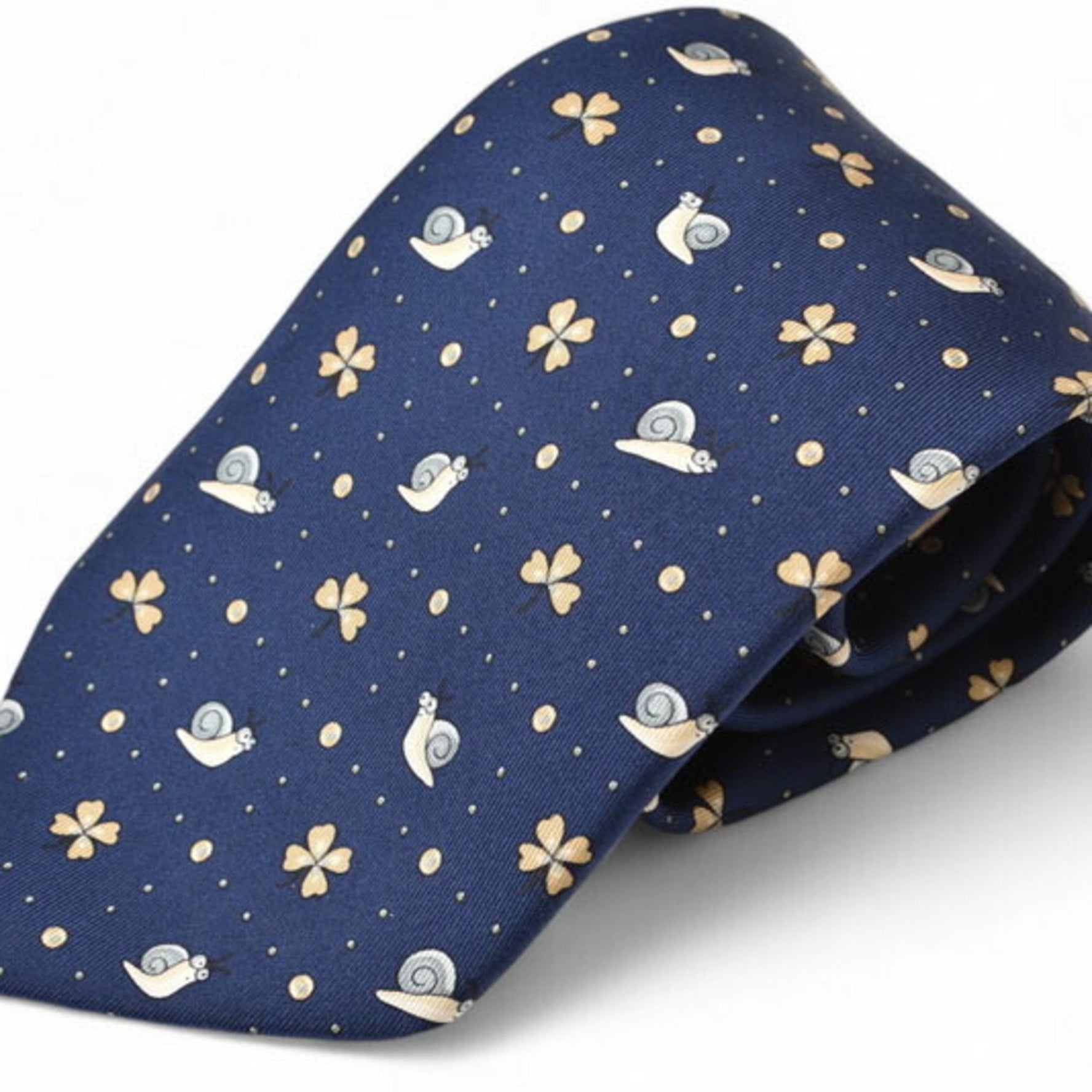 Hermes tie, unused, silk twill blue, snail, four-leaf clover