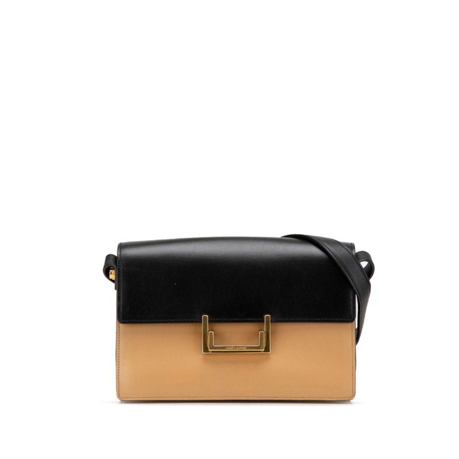 Saint Laurent logo shoulder bag in black and beige leather .