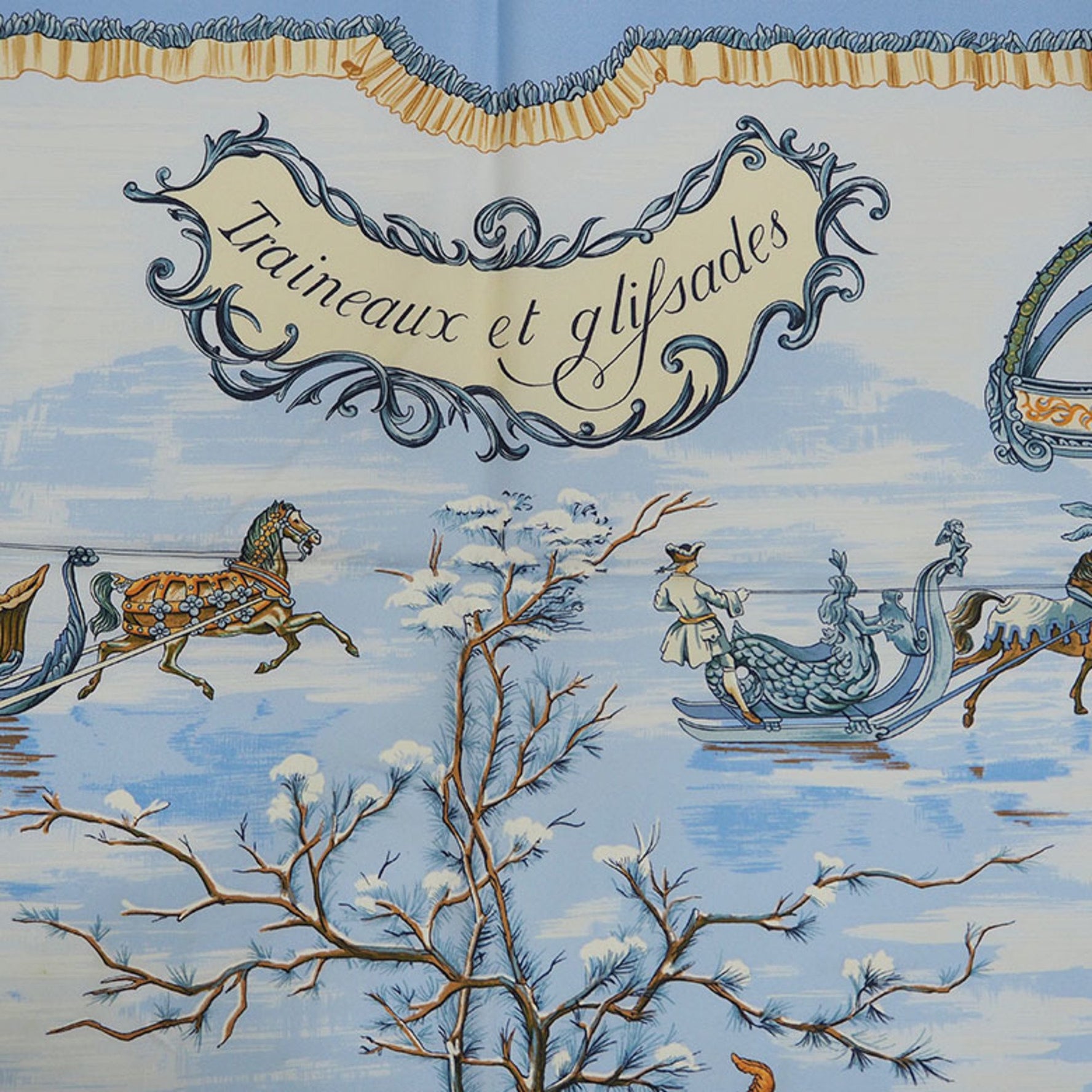 HERMES Carre 90 Traineaux et glifsades Sori and Skate Horse Light Blue Scarf Muffler