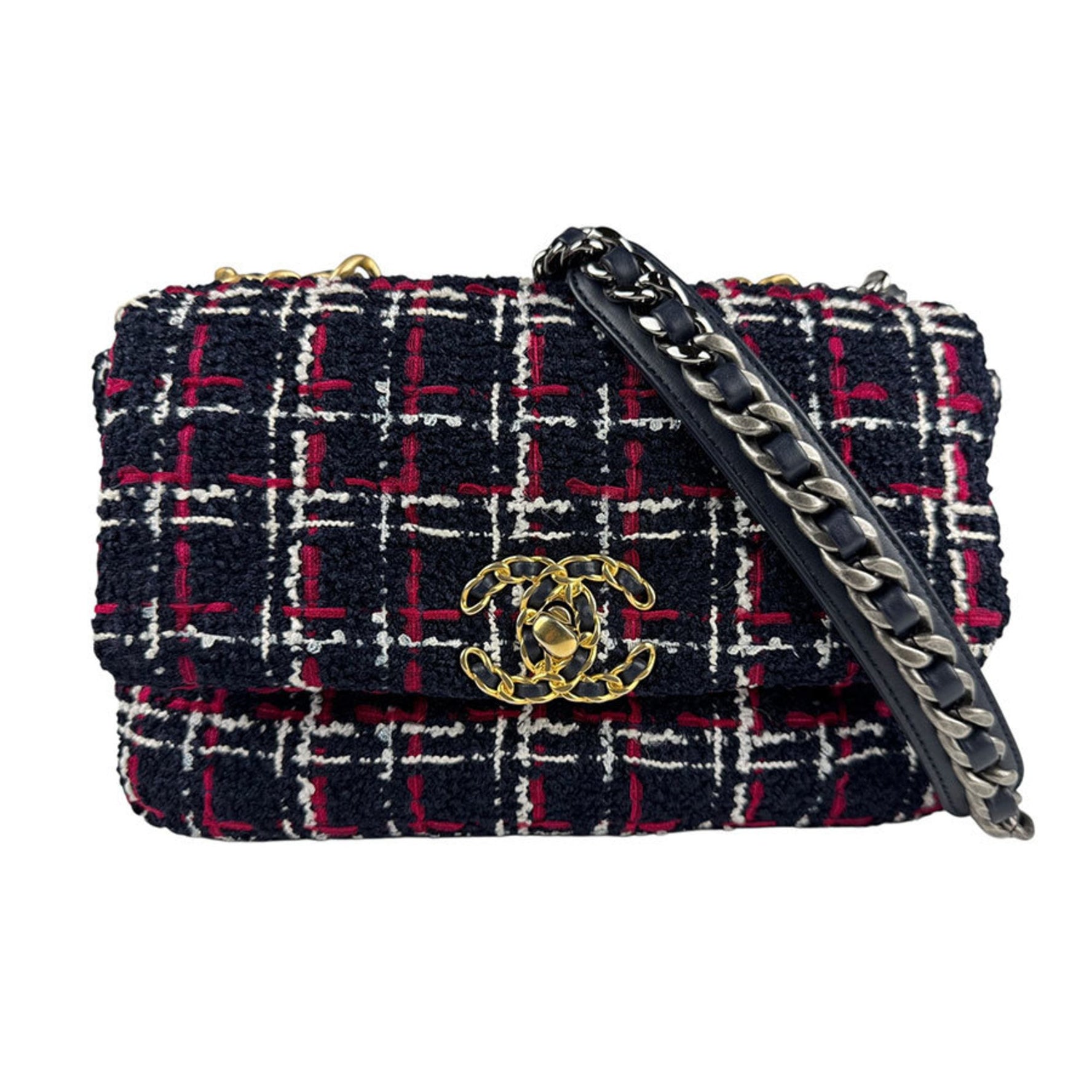 CHANEL Shoulder Bag Tweed Navy x Red White Gold