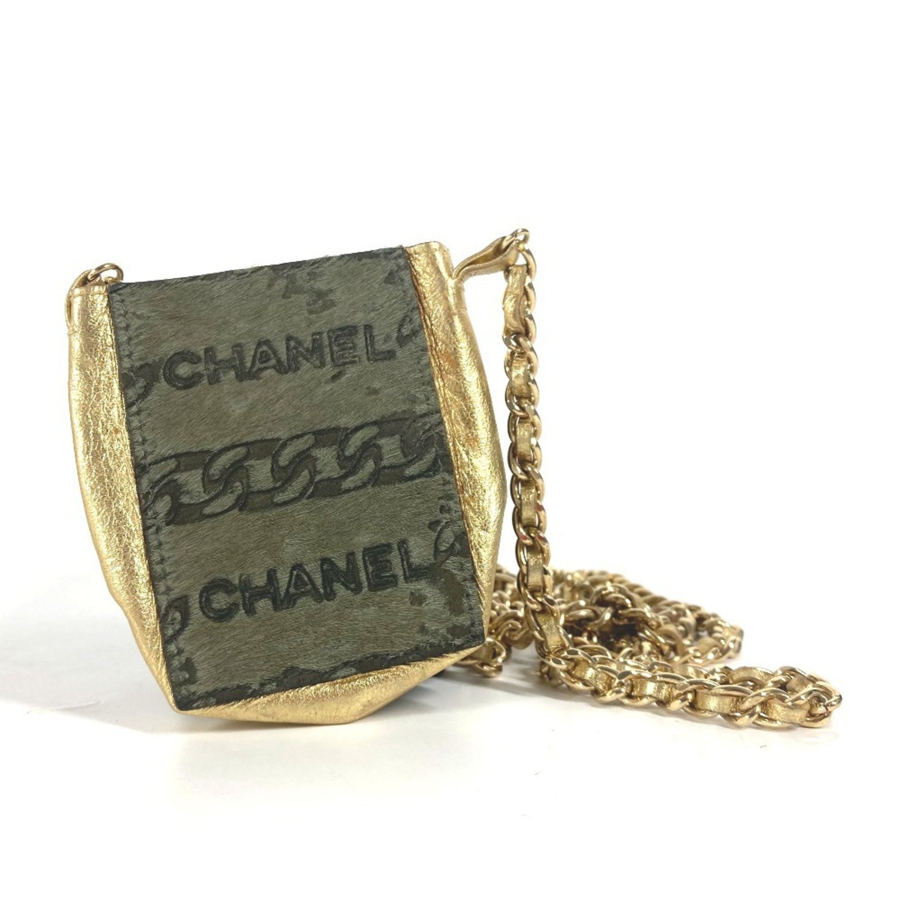CHANEL Pochette Chain Shoulder Bag Leather Pony Khaki