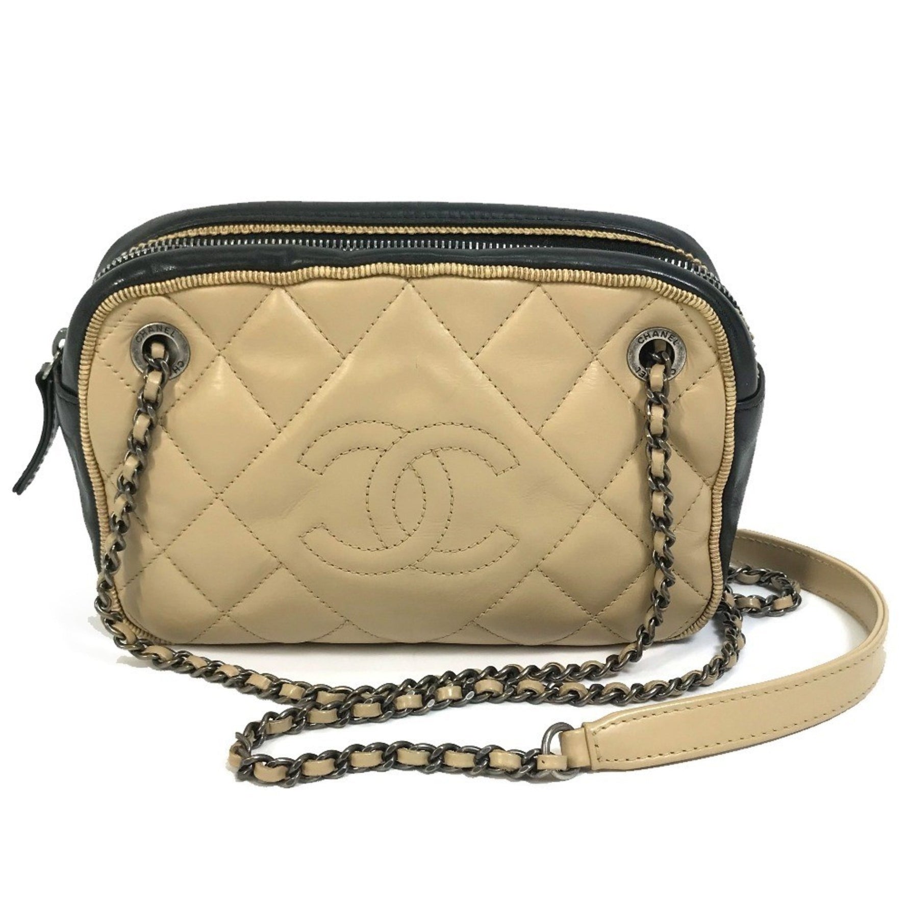 CHANEL CC Coco Mark Ballerine Chain Shoulder Bag in Calfskin Leather, Beige and Black