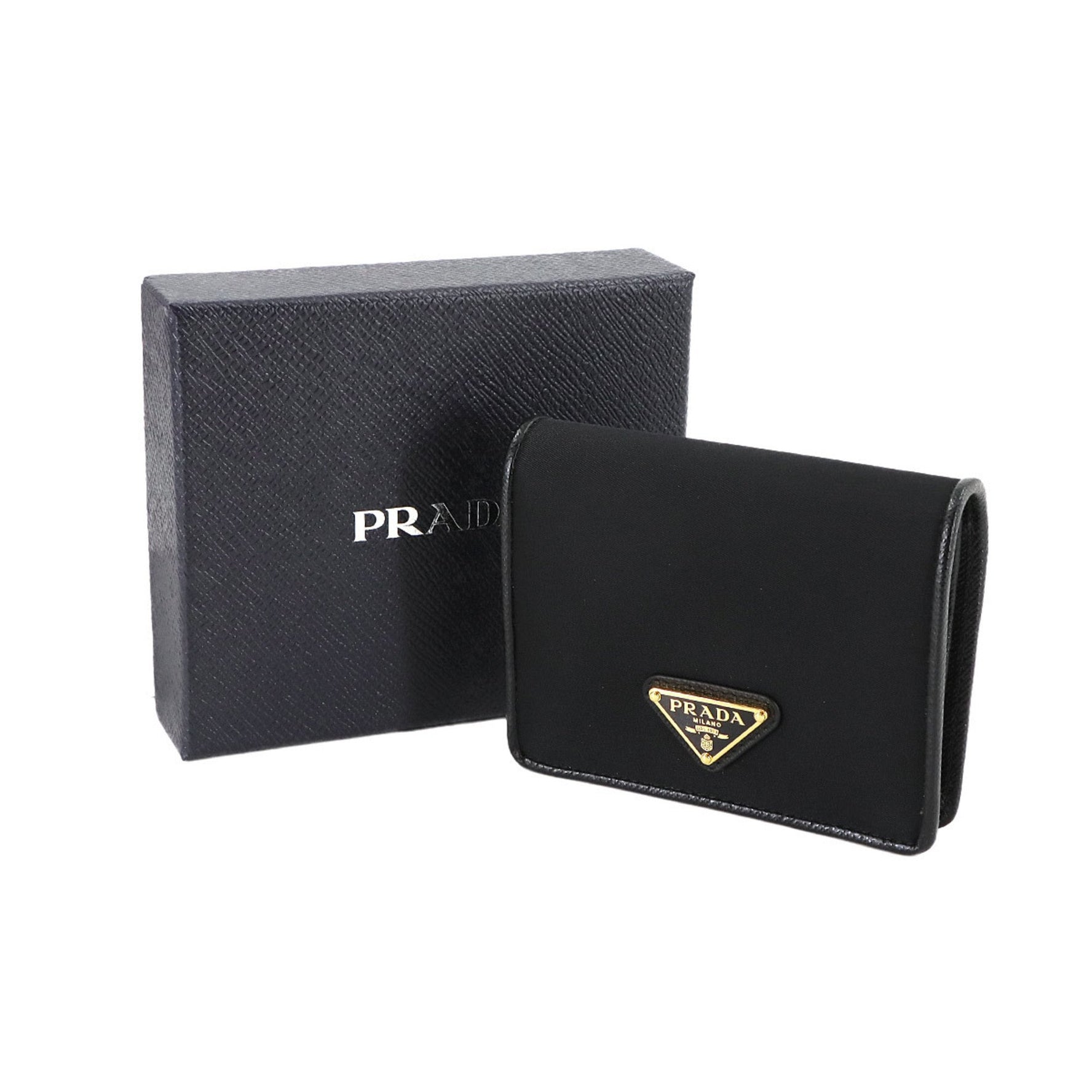 Prada Compact Bi-fold Wallet in Black Saffiano Leather and Nylon with Gold Hardware (1MV204)