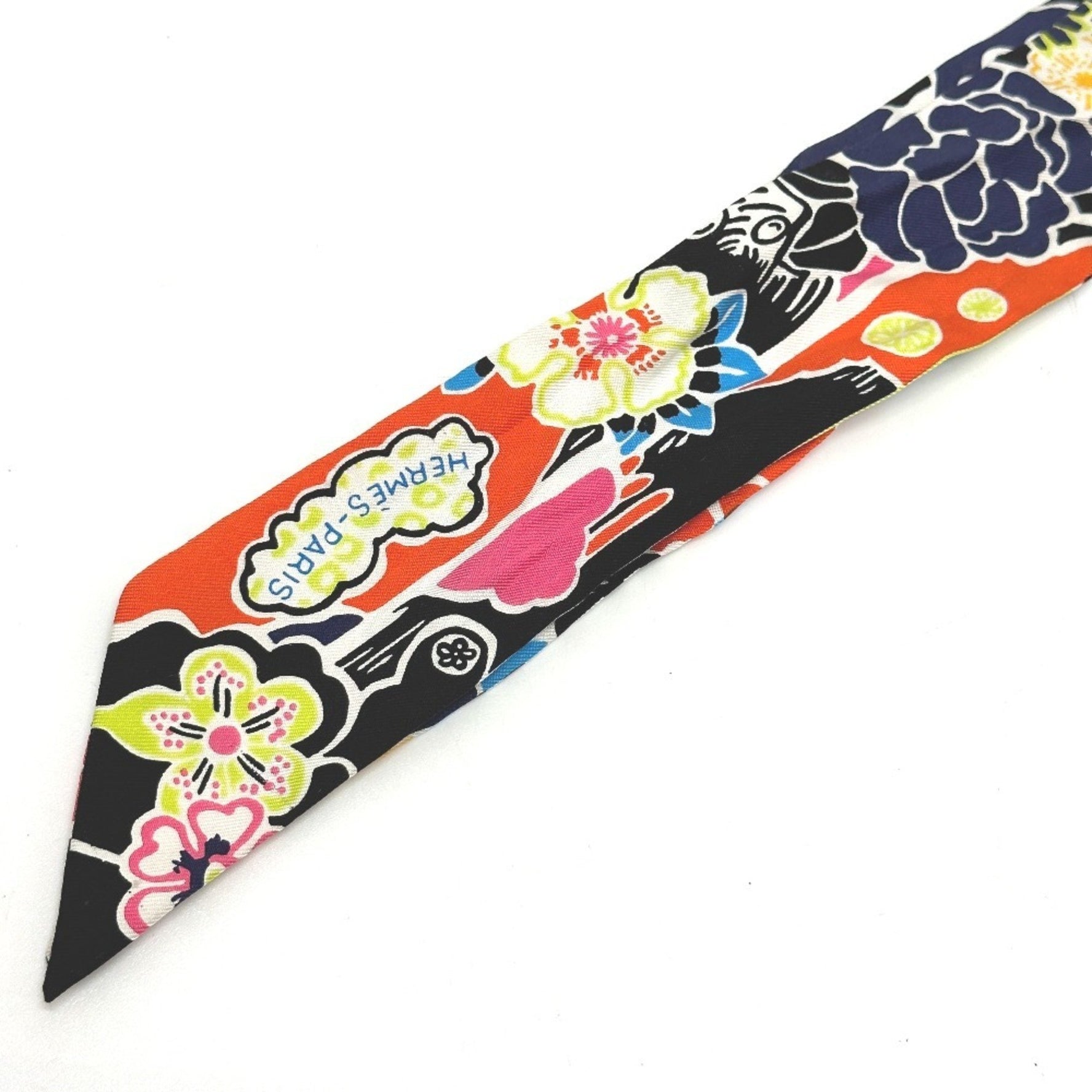 HERMES Flower Bingata Twilly Scarf/Muffler, Silk, Black, Multicolor