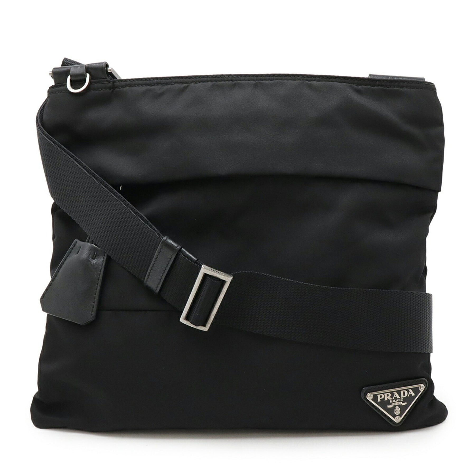 PRADA Triangle Plate Shoulder Bag in Nylon and Leather (Black)