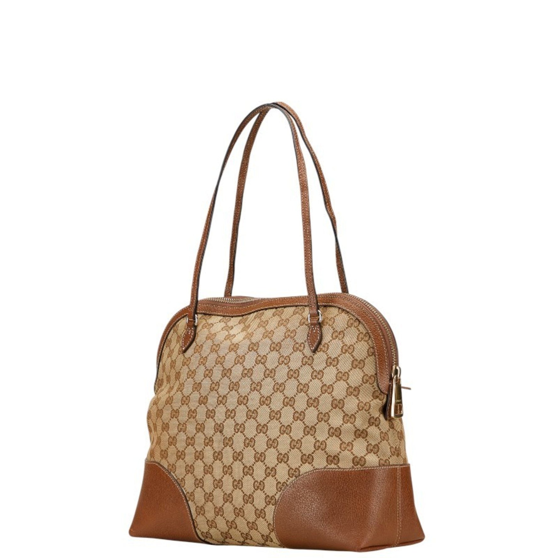 Gucci GG Canvas Tote Bag Handbag Beige Brown Leather