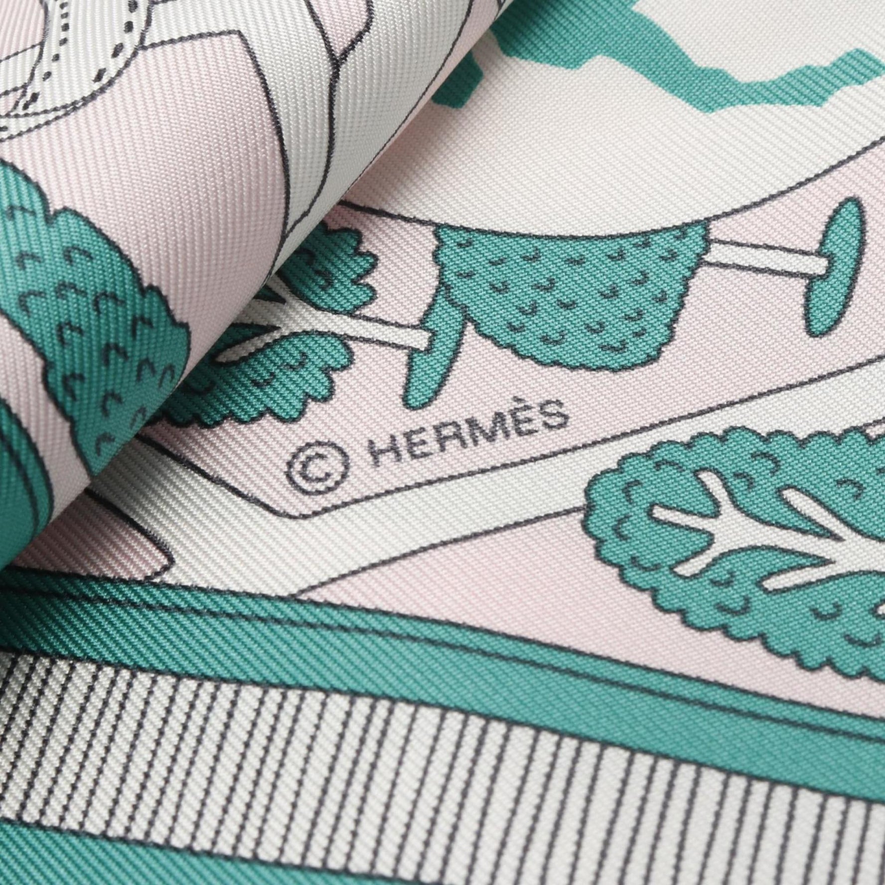 Hermès HERMES Carré 90 LES AMOUREUX DE PARIS Silk Scarf in Pink and Green