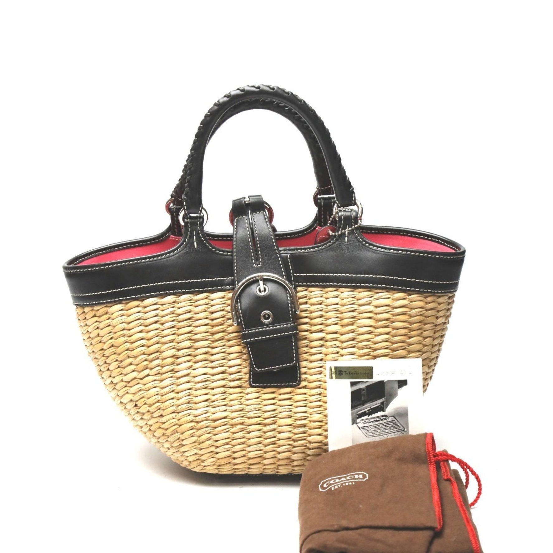 COACH Handbag Straw x Leather Tote Bag Basket 6271 Brown Black