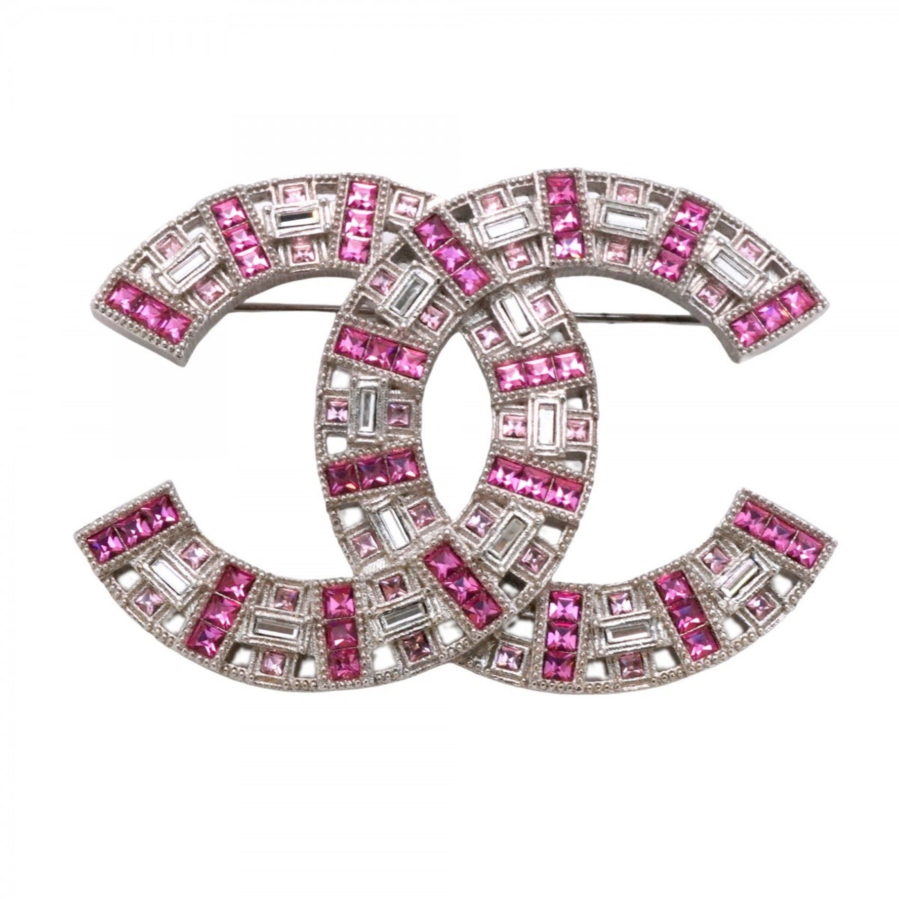 Chanel Coco Mark Metal Brooch with Colored Stones in Silver and Pink