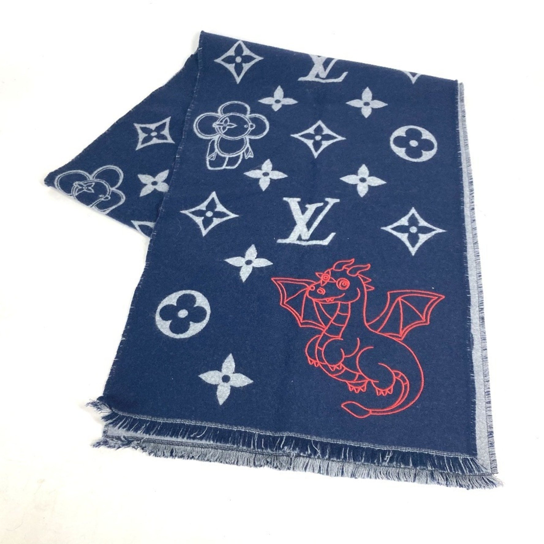 Louis Vuitton Vivienne Dragonne Fringe Scarf Wool Navy