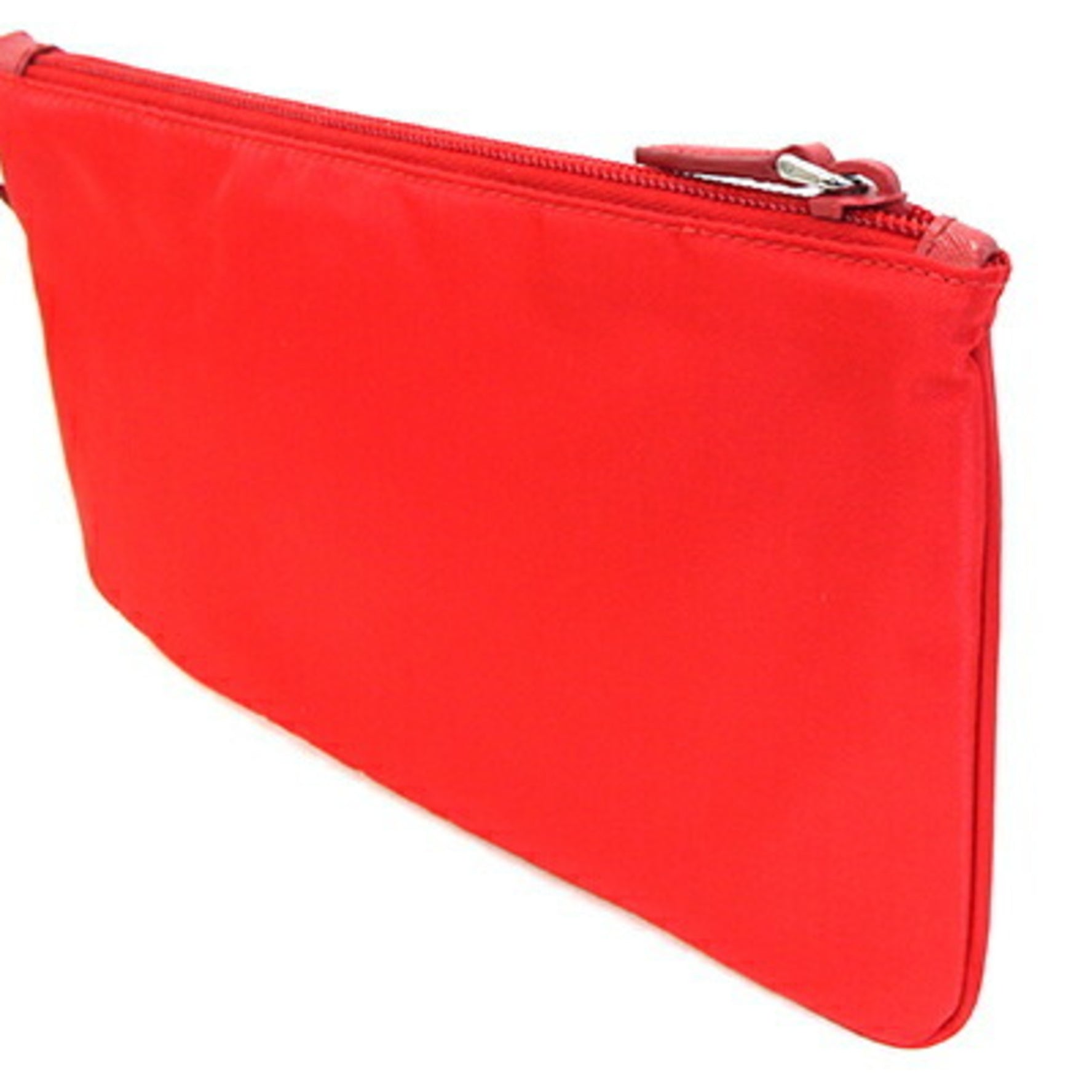 Prada Clutch Bag Red Nylon Leather Flat Pouch with Hand Strap Triangle