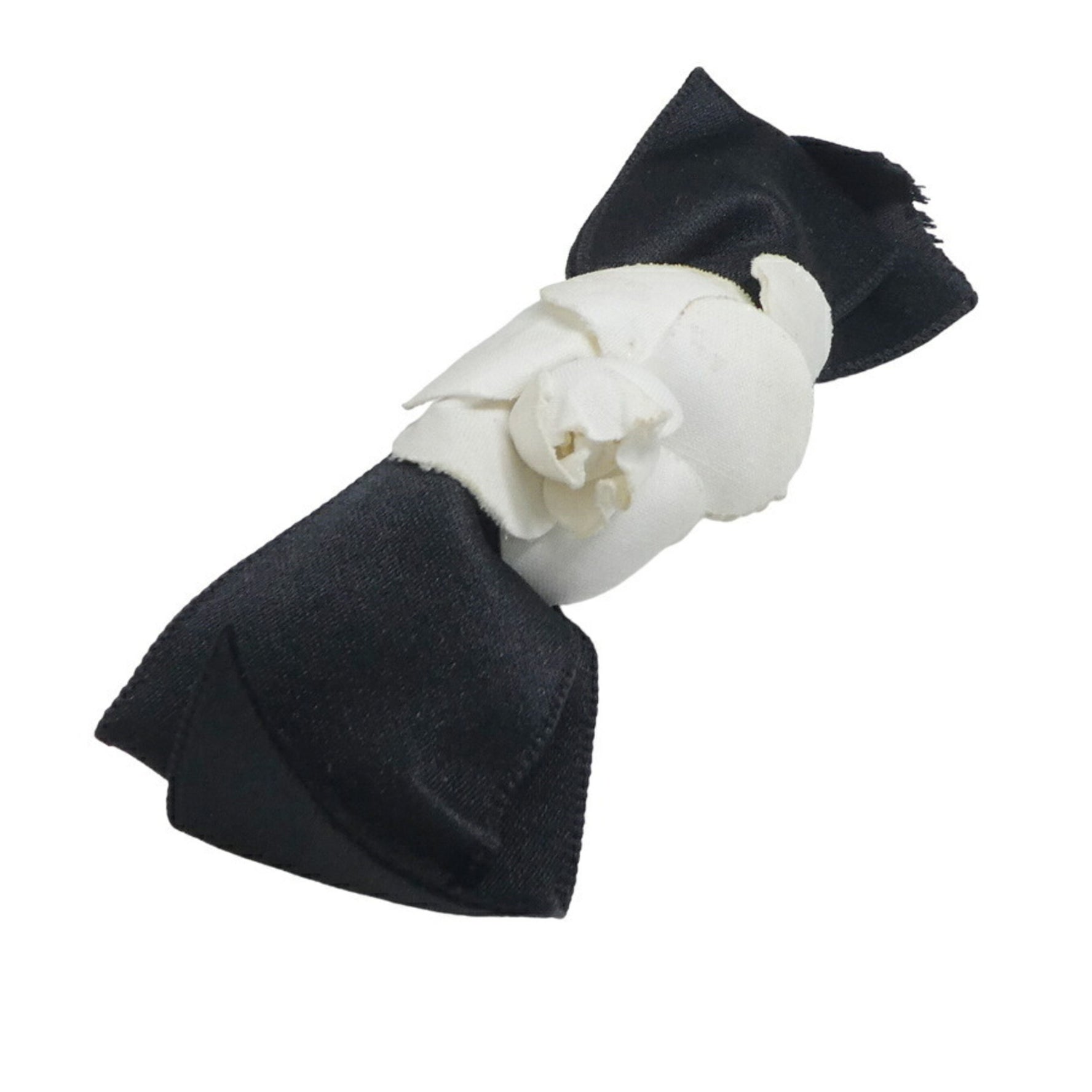 CHANEL Barrette Camellia Ribbon Textile Satin Off-White Black