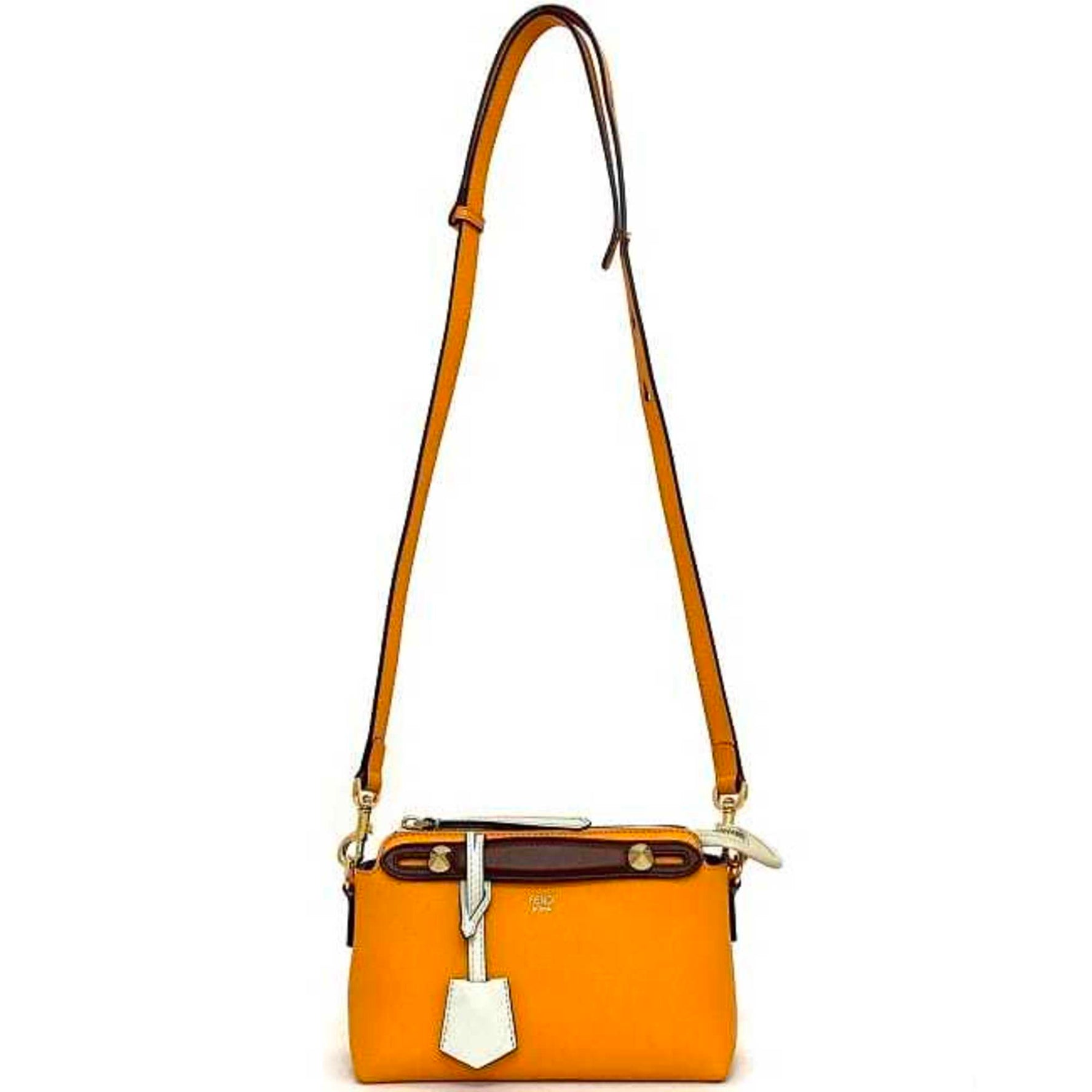 Fendi visor way orange white brown leather shoulder bag handbag pochette studs ladies