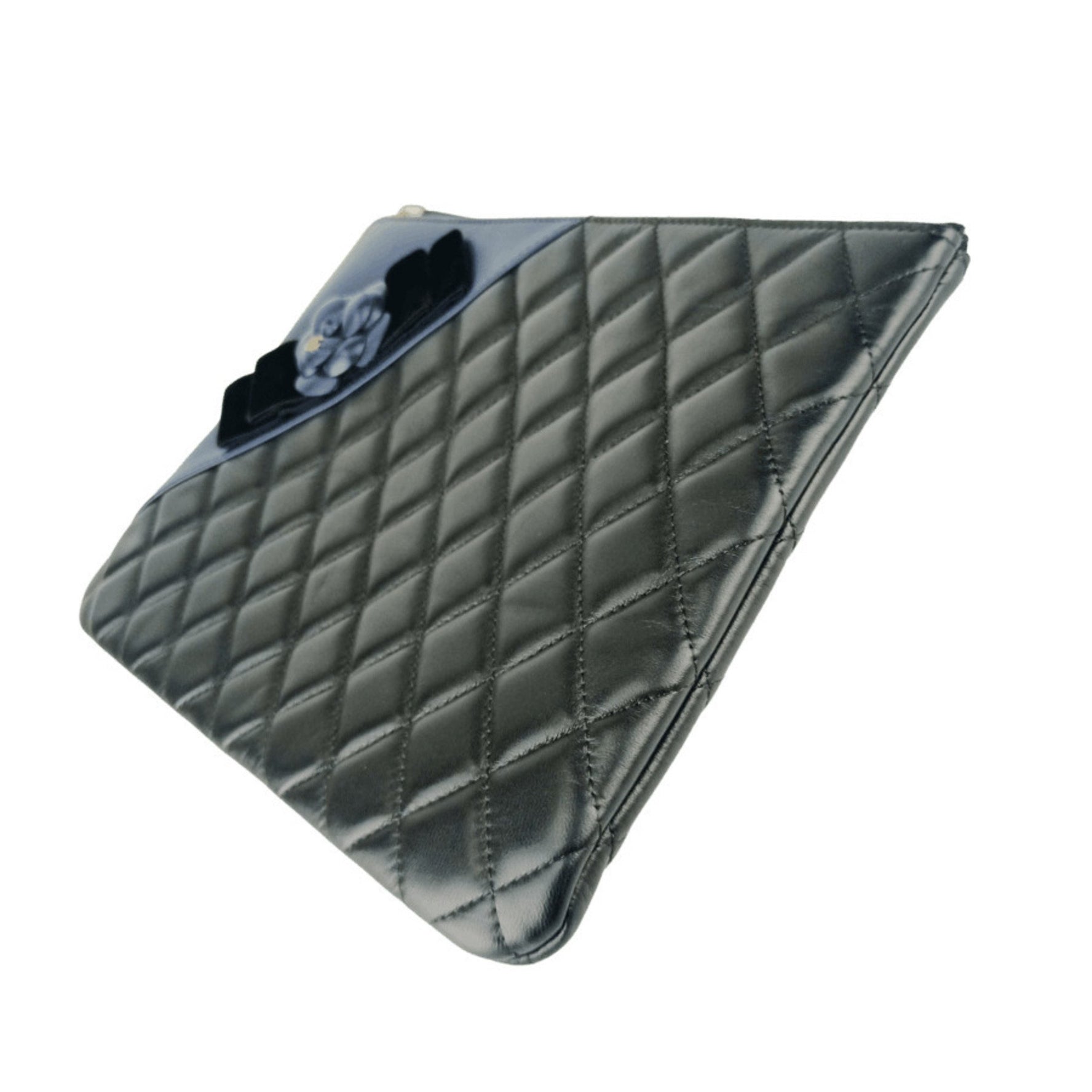CHANEL Camellia Pouch Black/Navy Lambskin Velour with Coco Mark and Quilted Matelasse Design