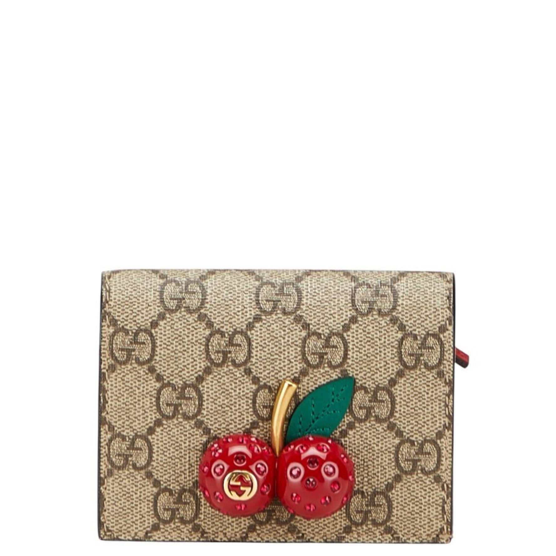 Gucci GG Supreme Cherry Bifold Compact Wallet Beige Red Leather
