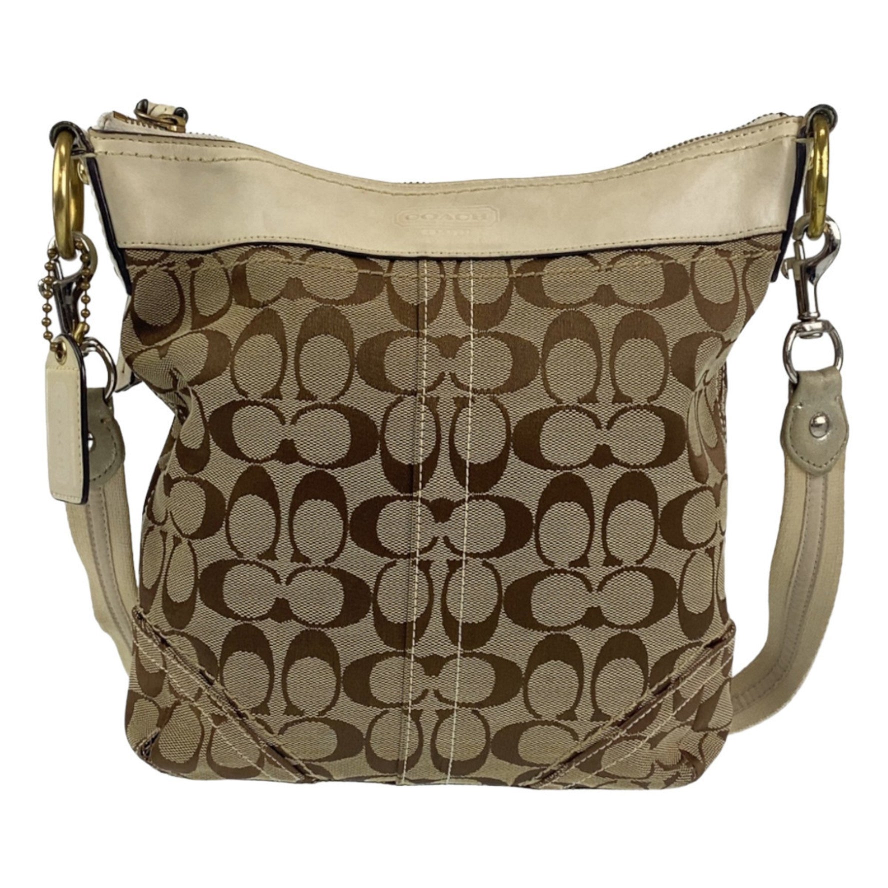 COACH Signature Beige Brown Gold Hardware Canvas Leather Shoulder Bag Pochette Crossbody
