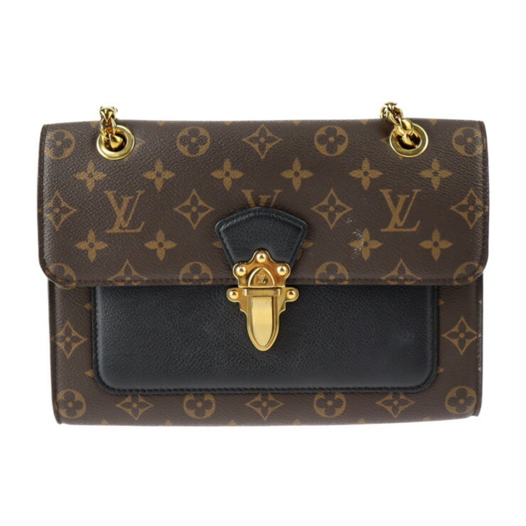 Louis Vuitton Victoire Shoulder Bag Monogram Canvas Calfskin Brown Black Gold Hardware Chain