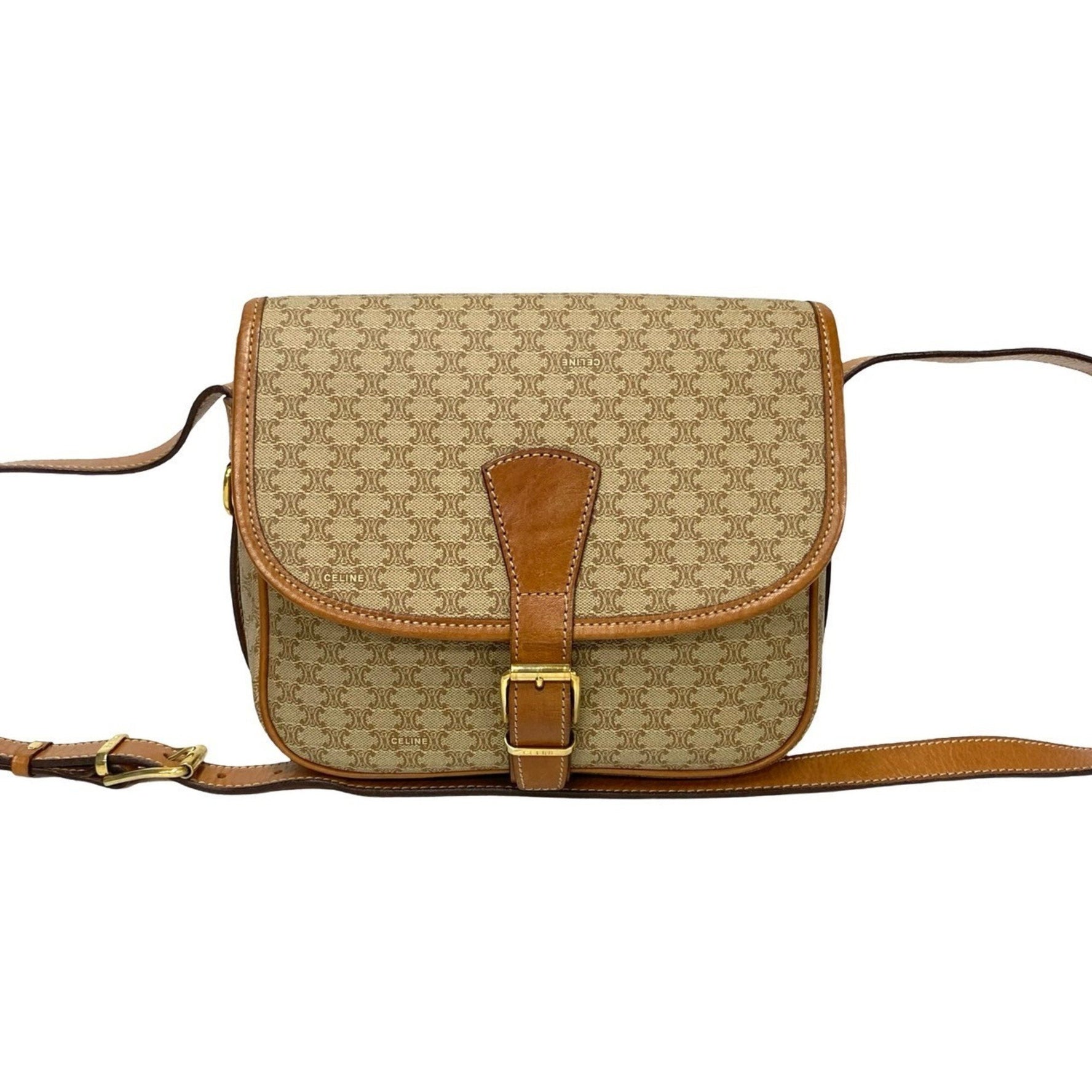 CELINE Macadam Blason Triomphe Leather Shoulder Bag/Pochette, Brown, 03001