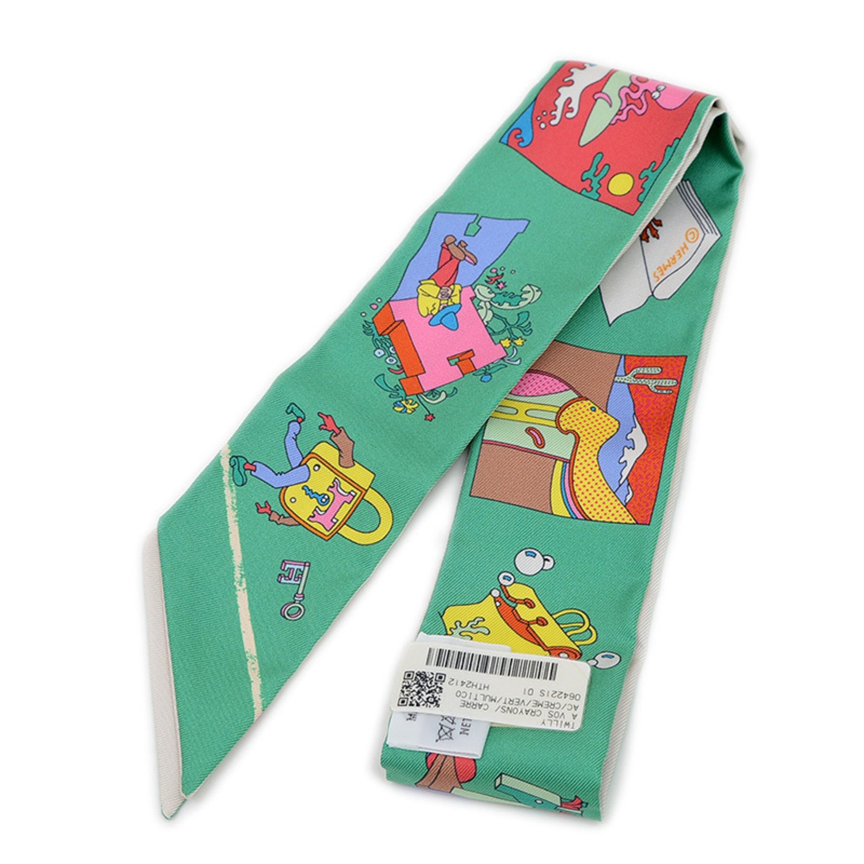 Hermes Hermès Twilly Scarf/Muffler: Get out your colored pencils! Carre Libre Silk Creme Vert Multicolor BP
