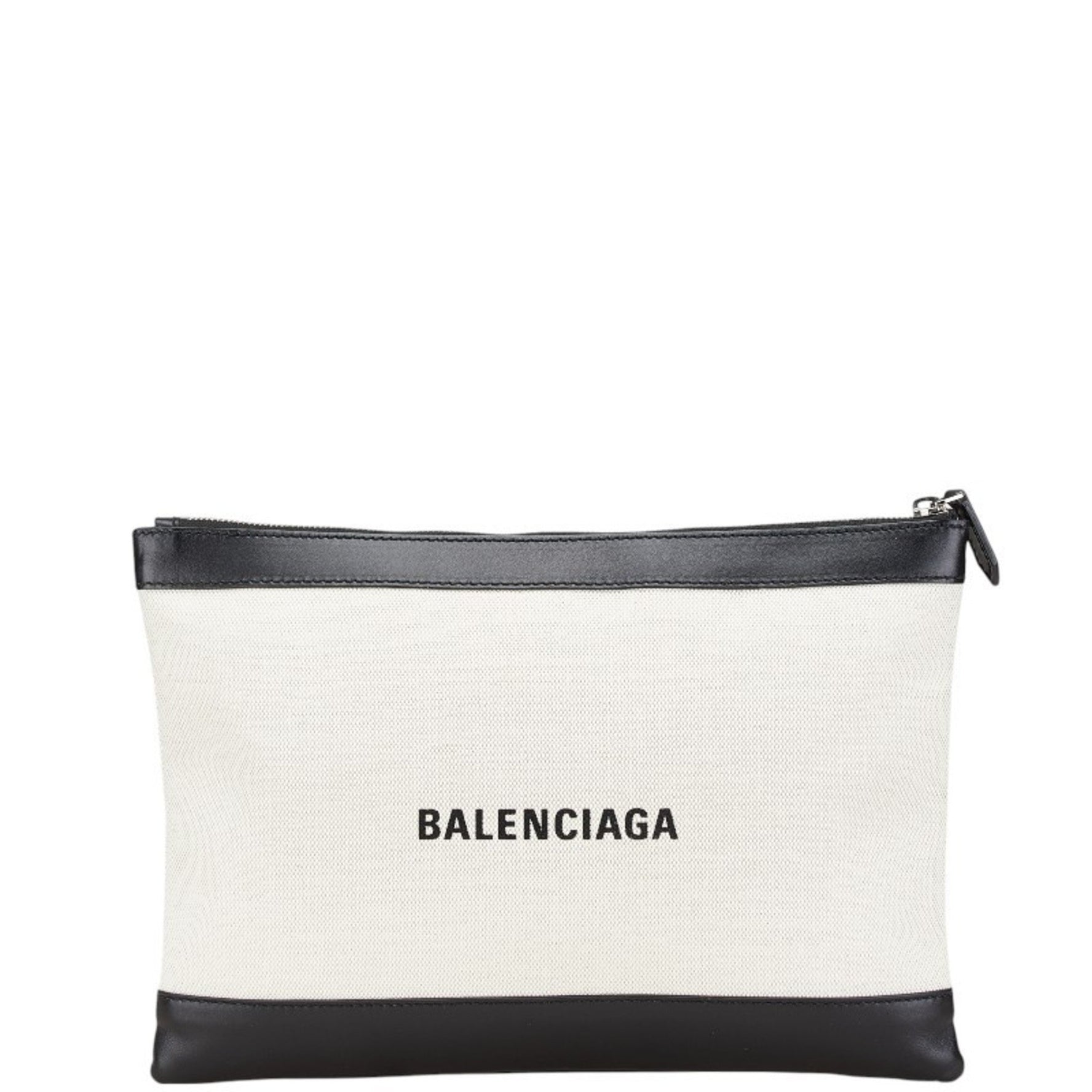 Balenciaga Navy Clip M Clutch Bag Beige Black Canvas Leather
