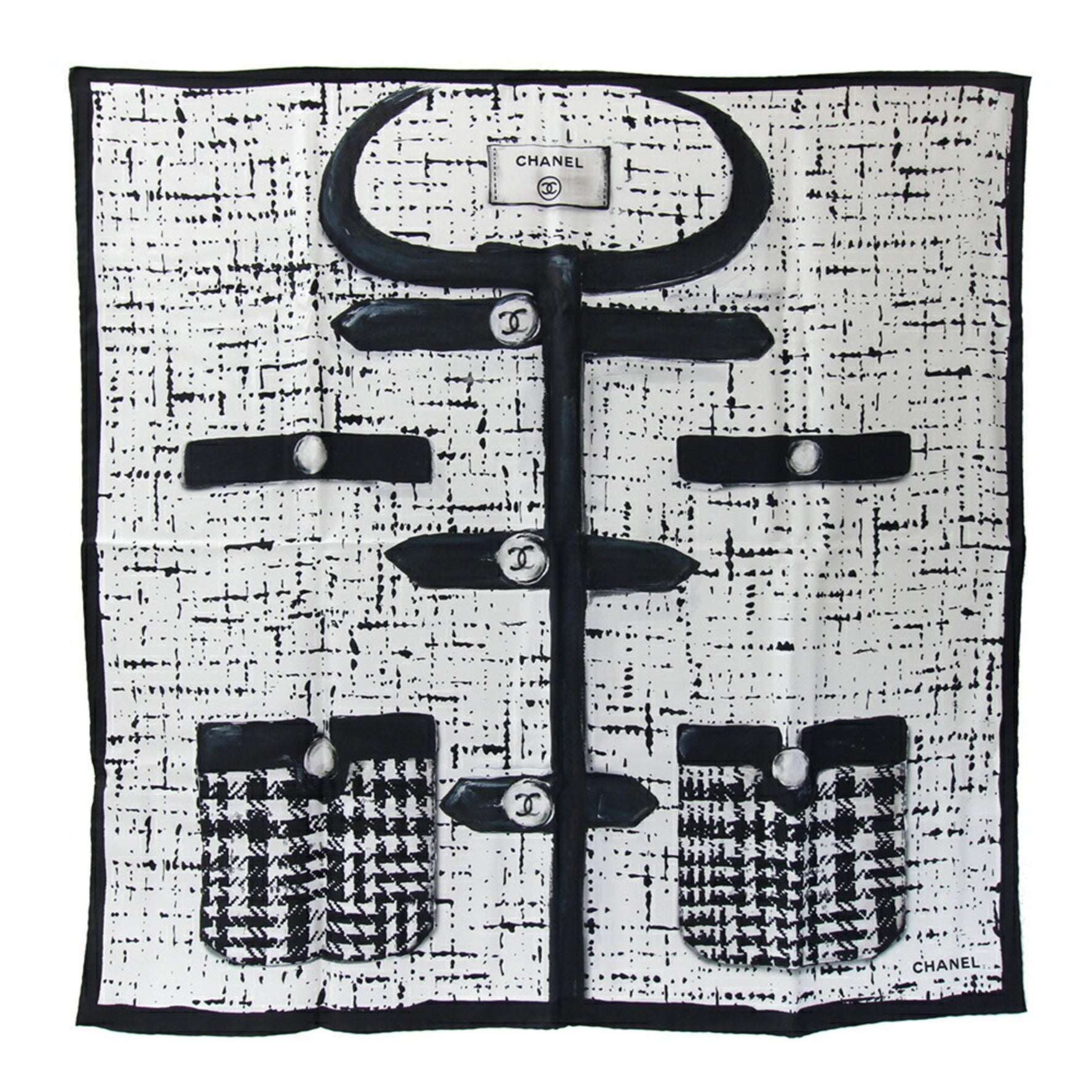 Chanel scarf, muffler, white and black, 100% silk, large size, stole, Coco mark