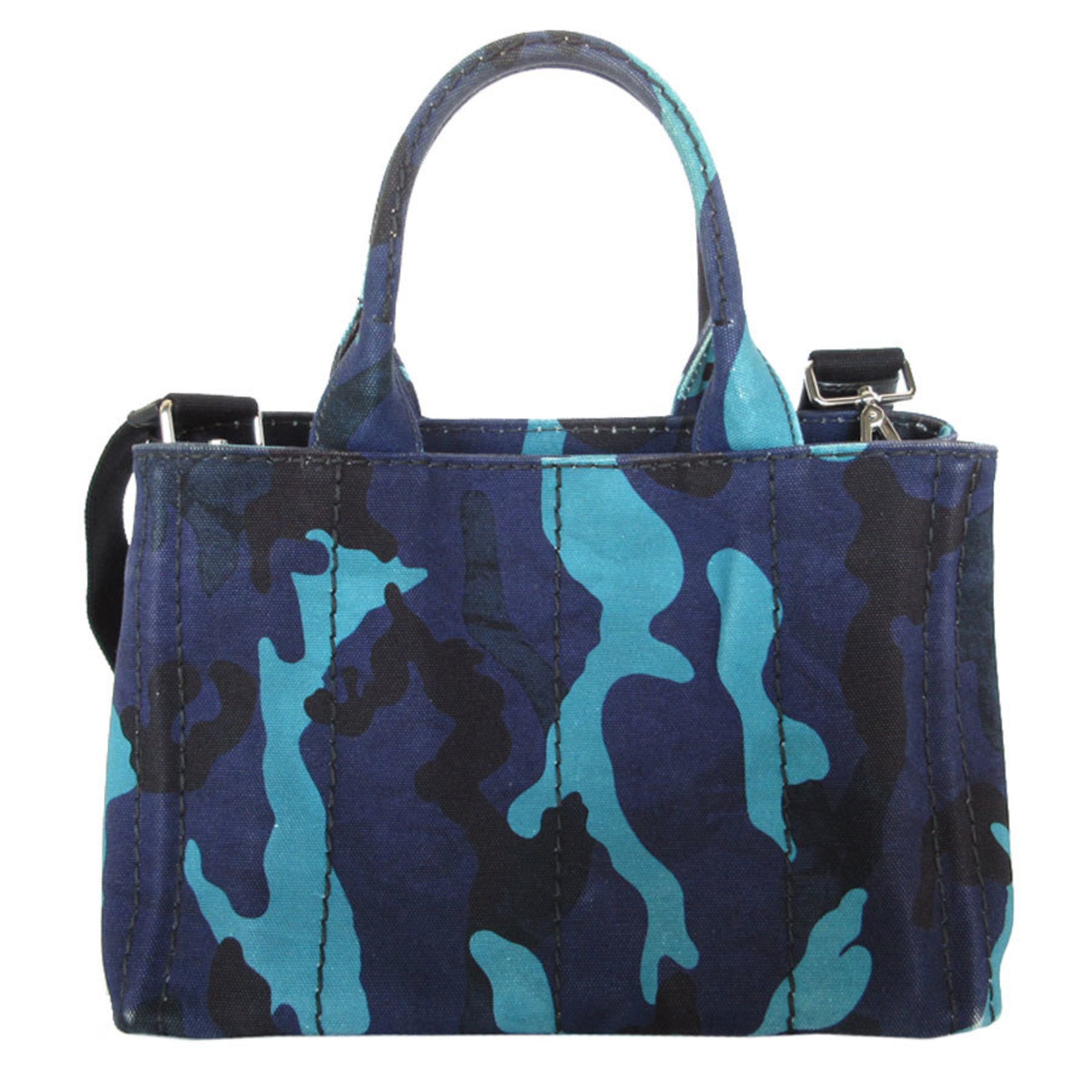 PRADA handbag shoulder bag canapa canvas navy black blue silver ladies