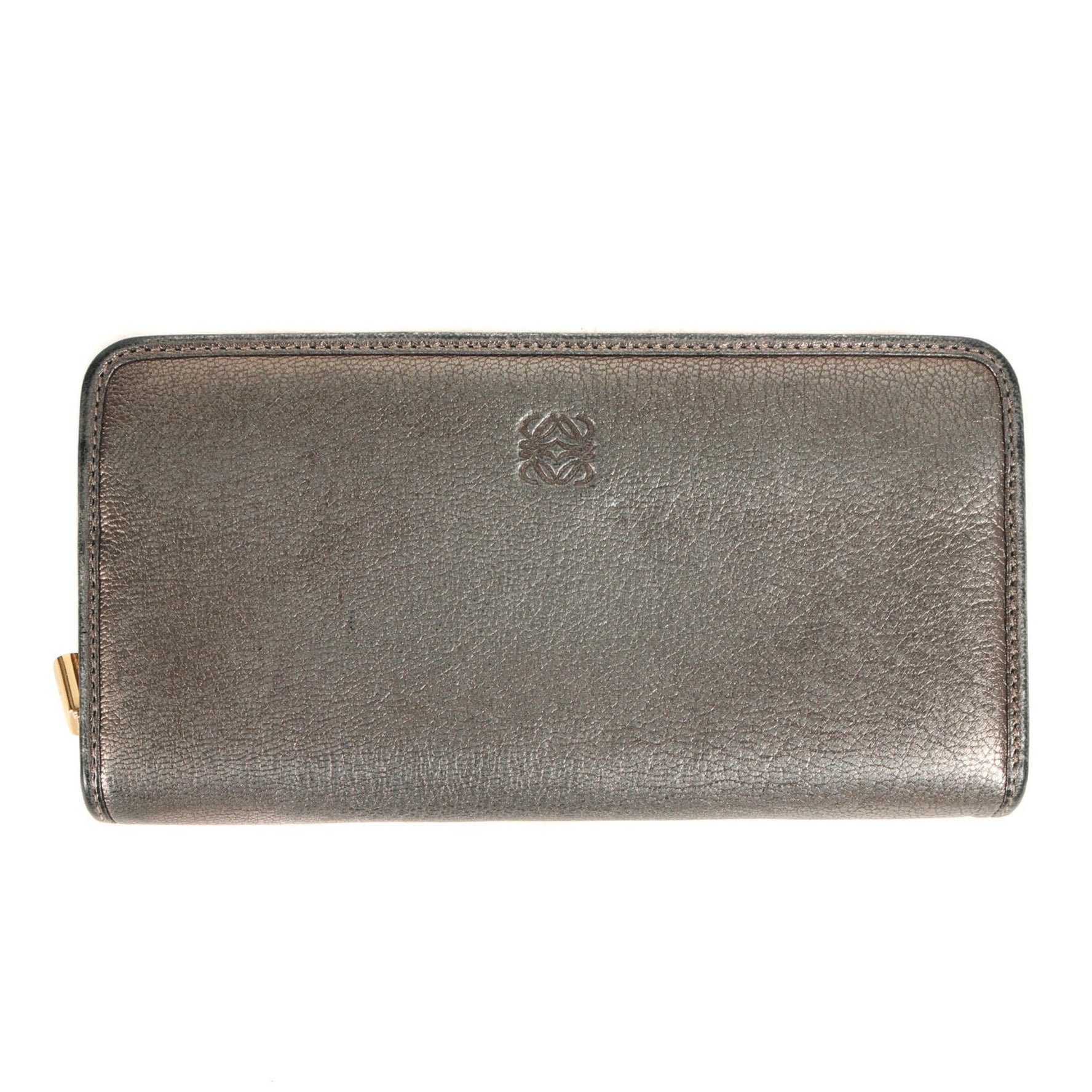 LOEWE Anagram Embossed Round Zip Metallic Leather Long Wallet Billfold Business Card Holder/Card Case Wallet/Coin