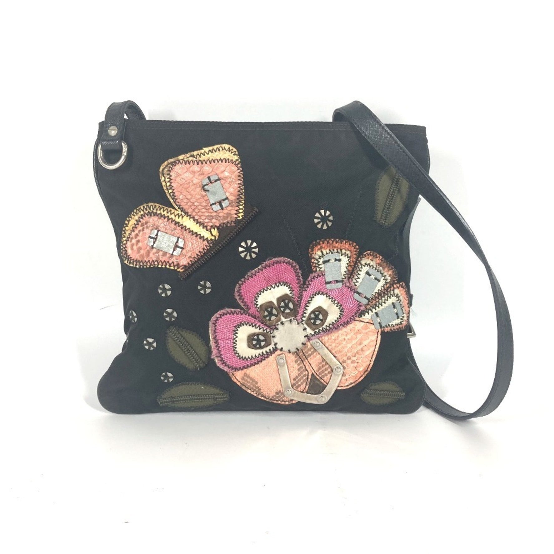 PRADA logo embroidered bag crossbody pochette shoulder nylon leather black
