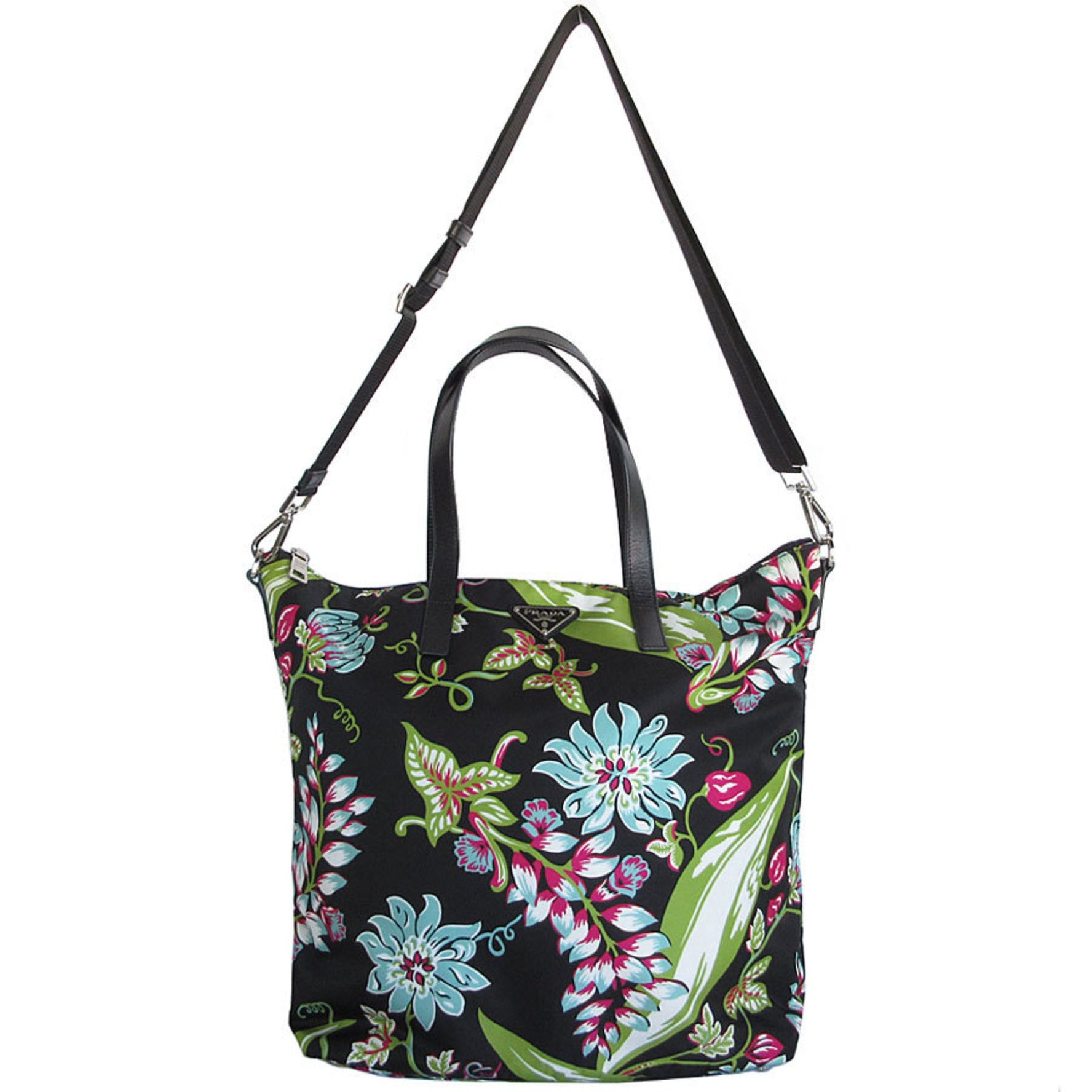 Prada Tote Bag Shoulder Nylon Leather Black Multicolor Silver