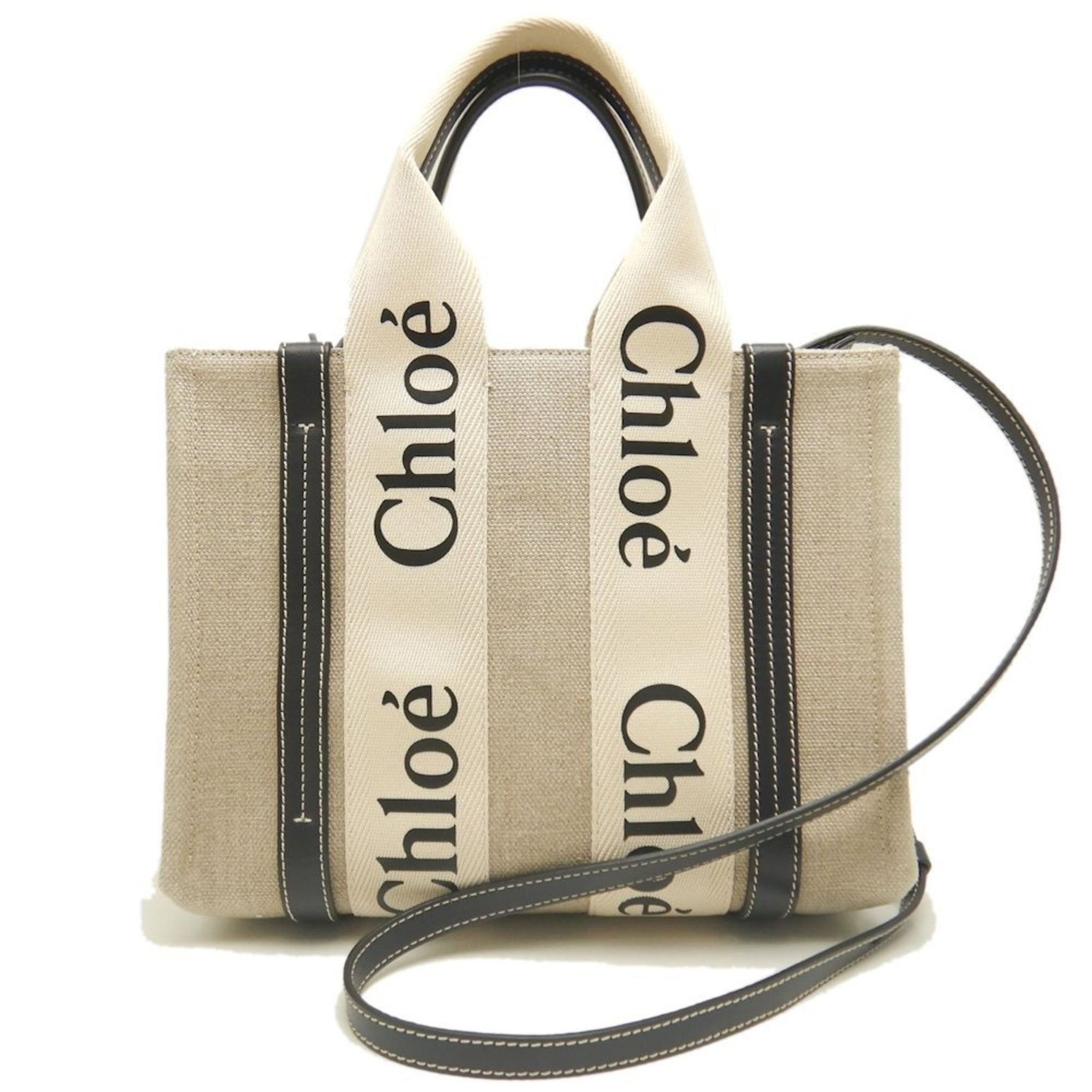 Chloé Chloe Woody Small Tote 01 23 101 65 Bag Linen x Calfskin Beige Navy