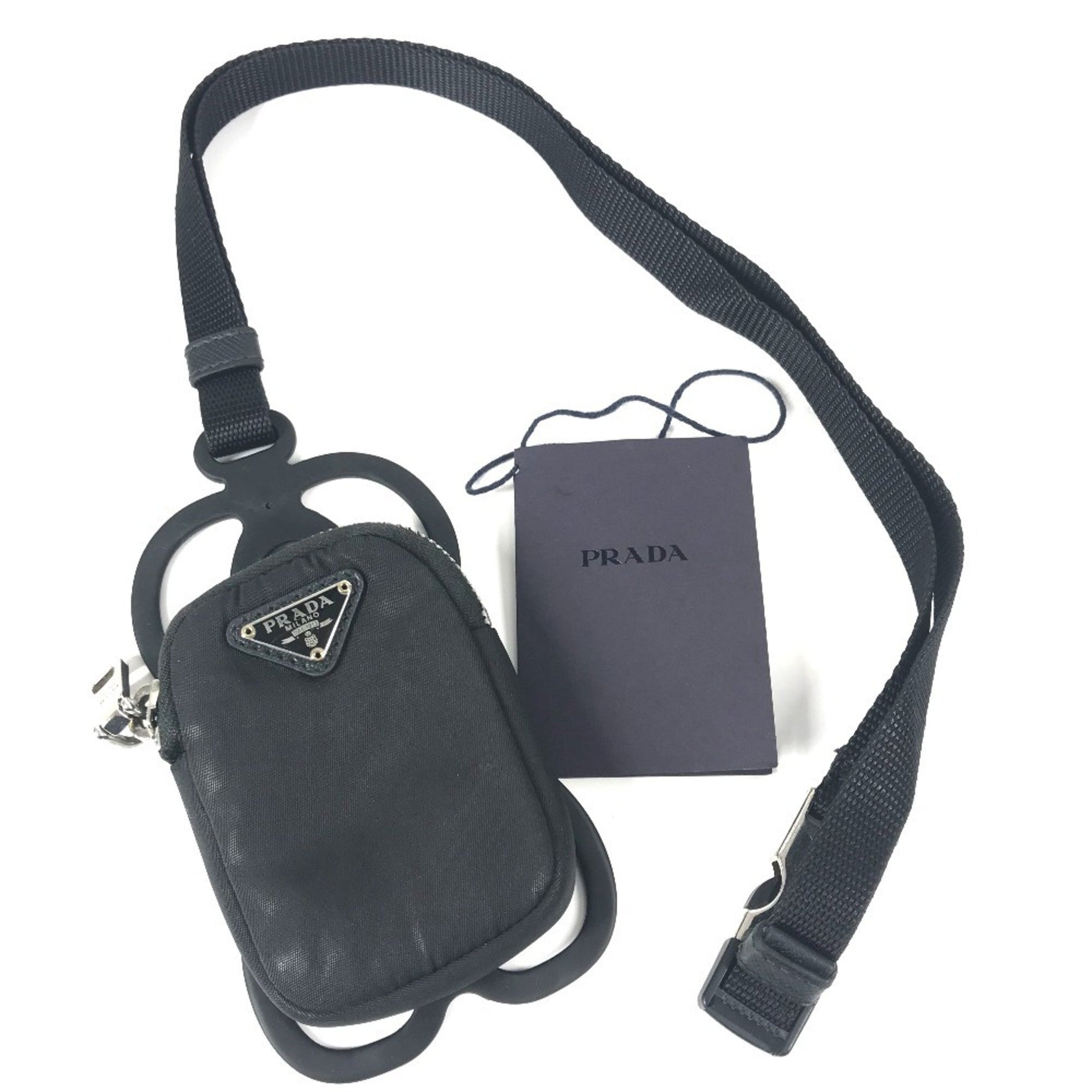 PRADA Triangle Logo Plate Smartphone Pouch iPhone Case with Neck Strap Mobile Phone Nylon Men's Women's Black