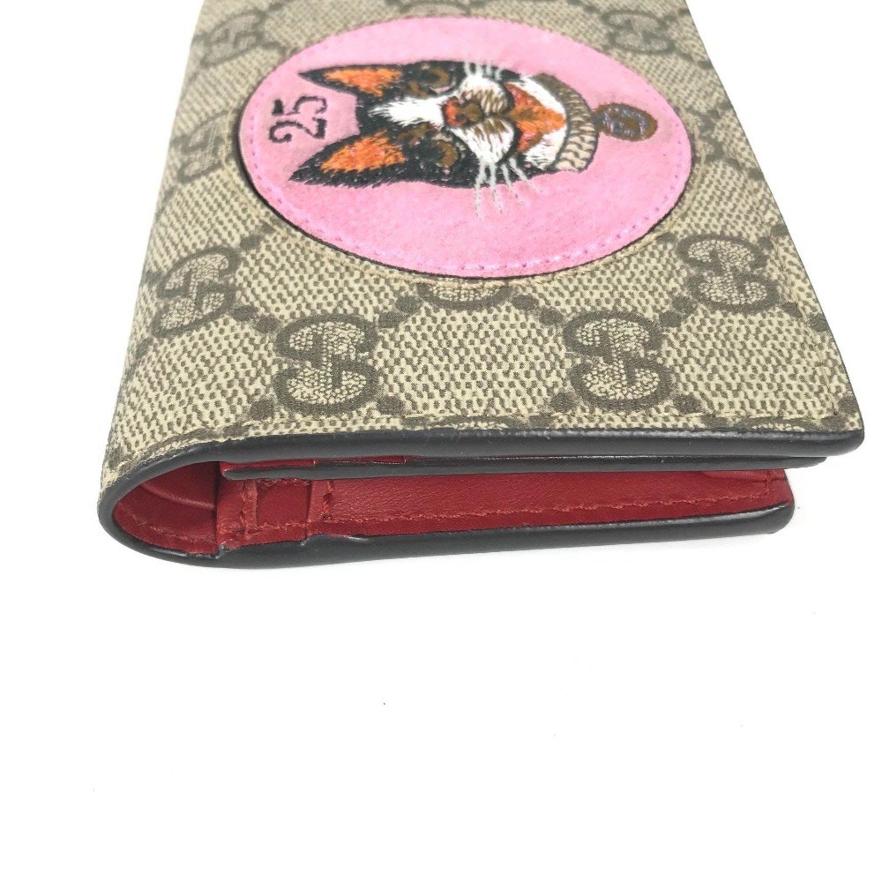 GUCCI GG Supreme Bosco Appliqué Dog Compact Wallet, Bi-fold Canvas, Beige/Pink