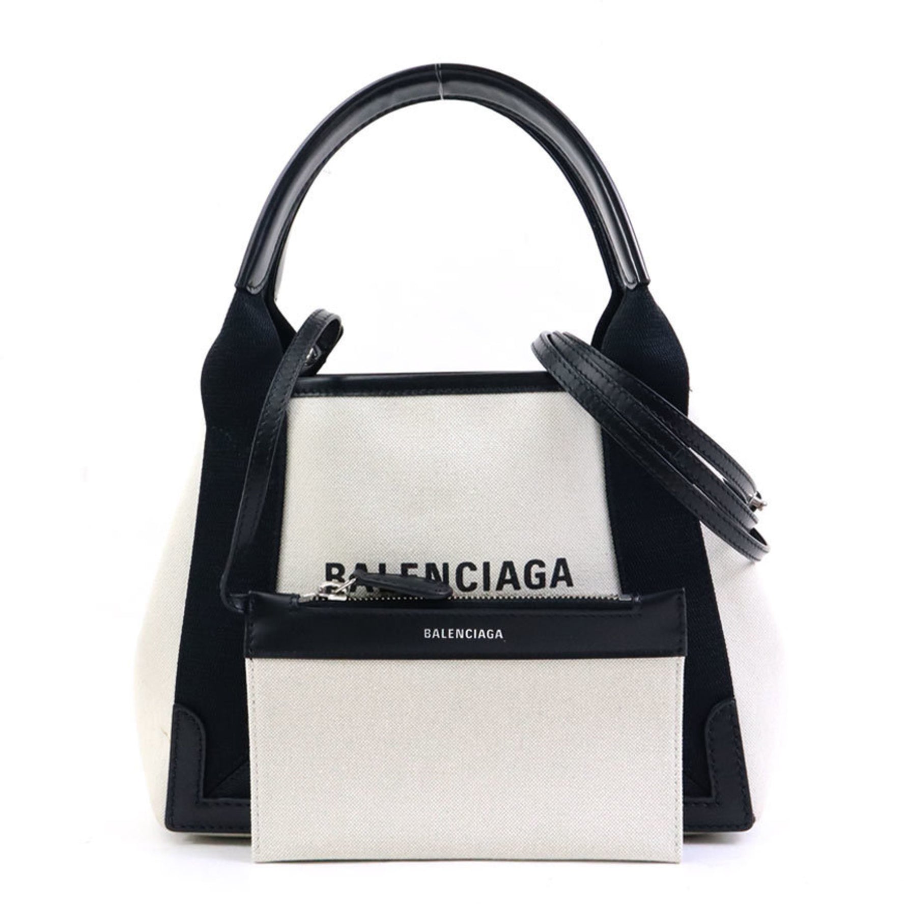 BALENCIAGA Handbag Navy Cabas XS Canvas Leather Black x Ivory
