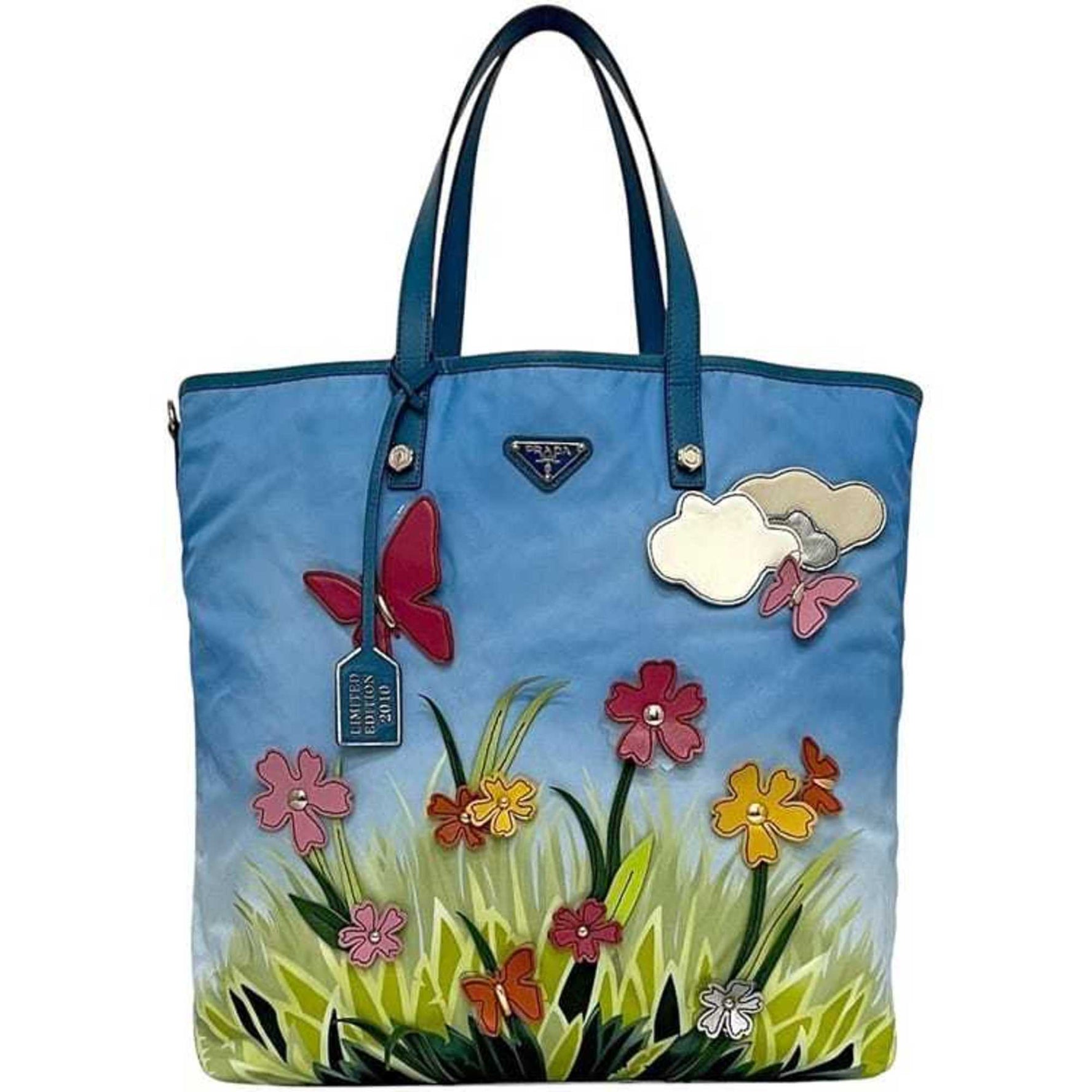 Prada Tote Bag Blue Tessuto 2010 Limited Edition Nylon and Saffiano Leather Butterfly, Grass, Sky, Flower, Light Print