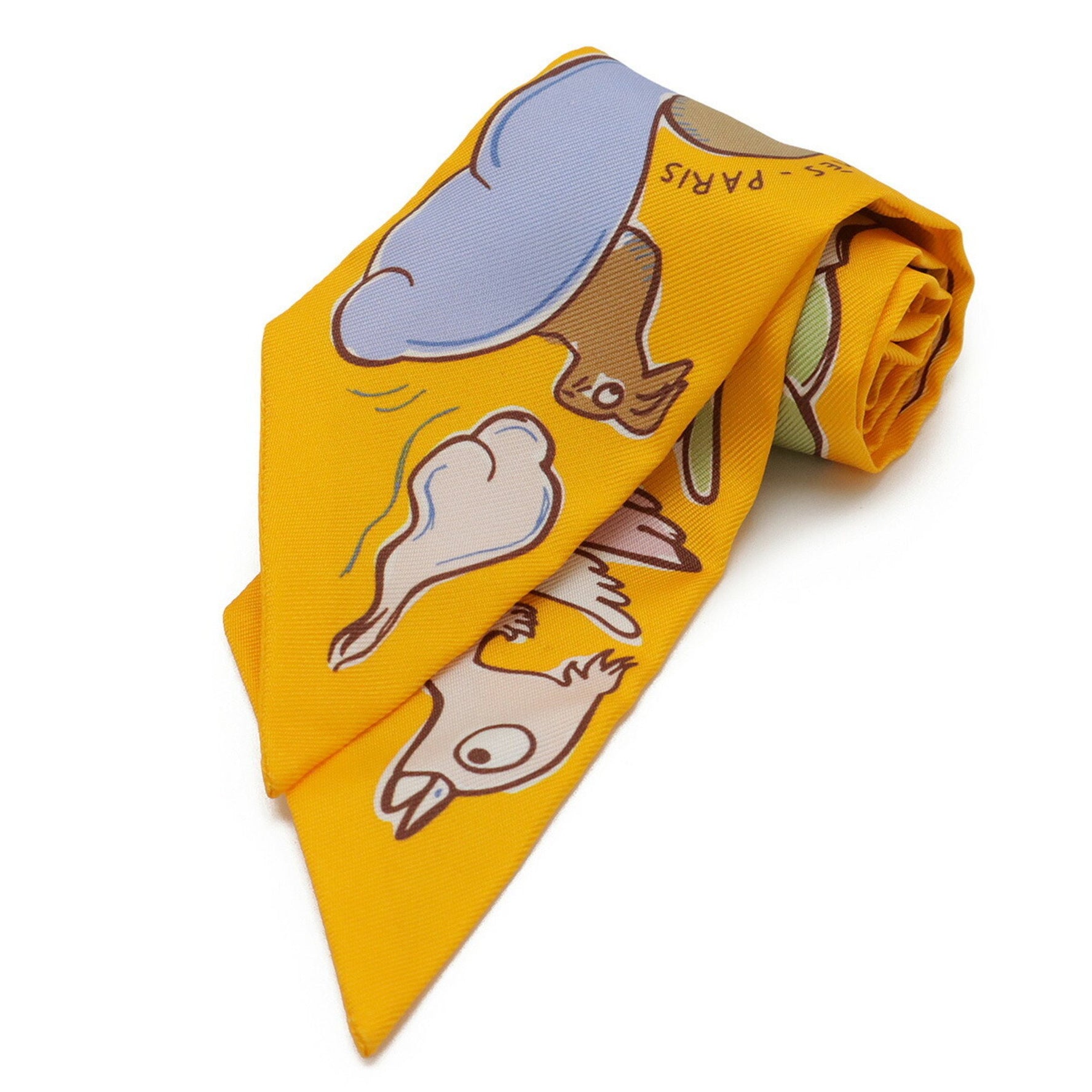 HERMES TWELL Twilly Scarf, Muffler Bag, "MILLE ET UN LAPINS" Thousand and One Rabbits, 100% Silk, Yellow
