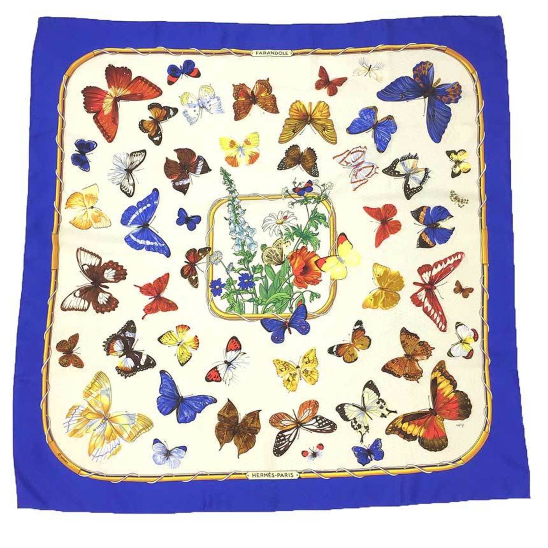 HERMES Scarf Muffler Carre 90 FARANDOLE Dance of Provence Butterfly 100% Silk Blue x White