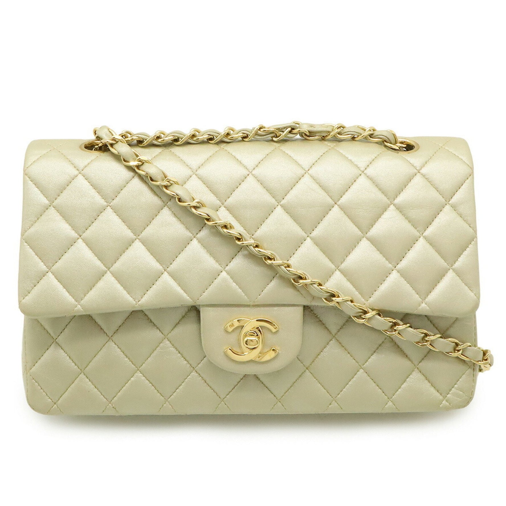 CHANEL Matelasse 25 Coco Mark Double Flap Chain Shoulder Bag Handbag Leather Champagne Gold