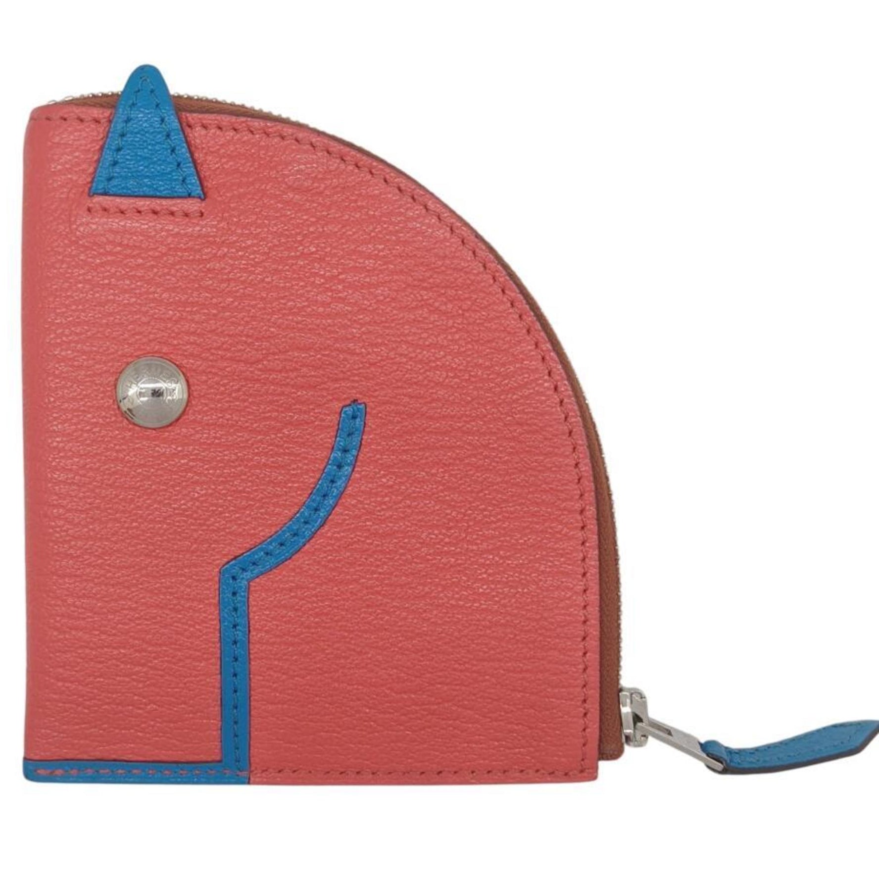 HERMES Horse Cheval Paddock Chevre Rose Texas Blue Frida Y Engraved Wallet/Coin Case Business Card Holder/Card Pink