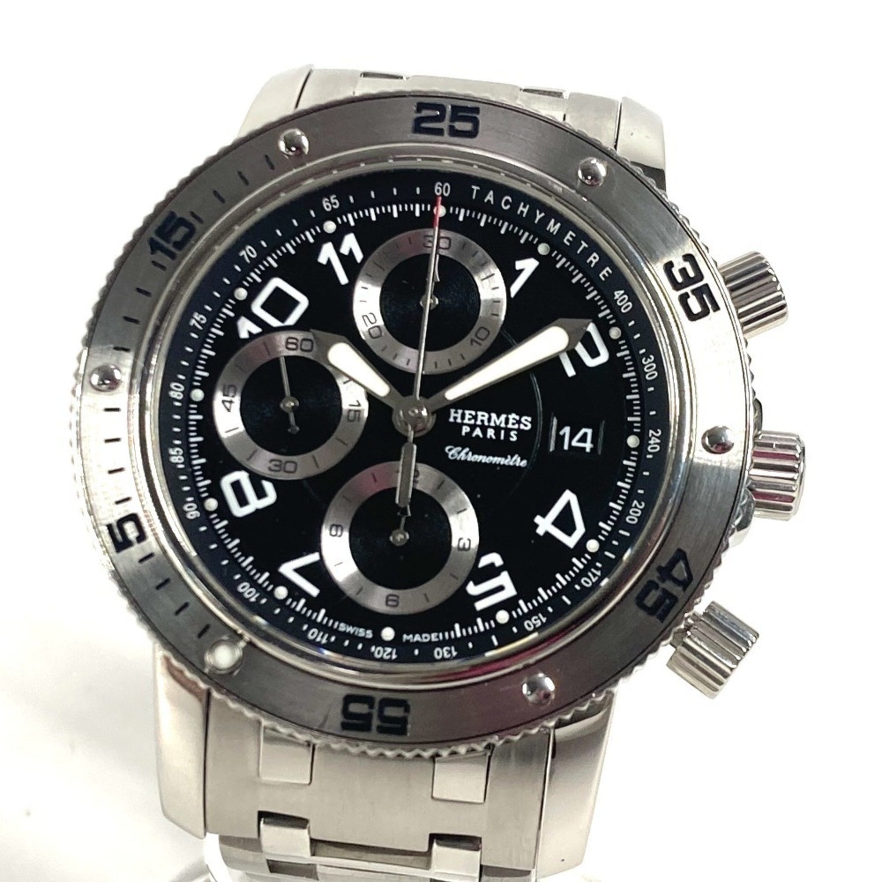 HERMES Clipper Diver Chronograph Date Watch Logo Back Skeleton Wristwatch Stainless Steel Black