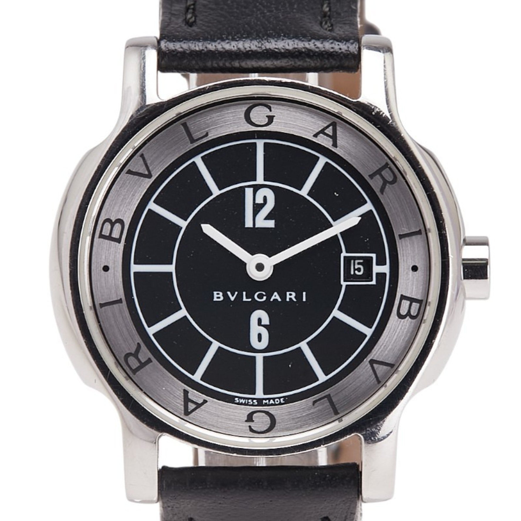 Bvlgari Solotempo Date Watch Quartz Movement Black Dial Stainless Steel Leather