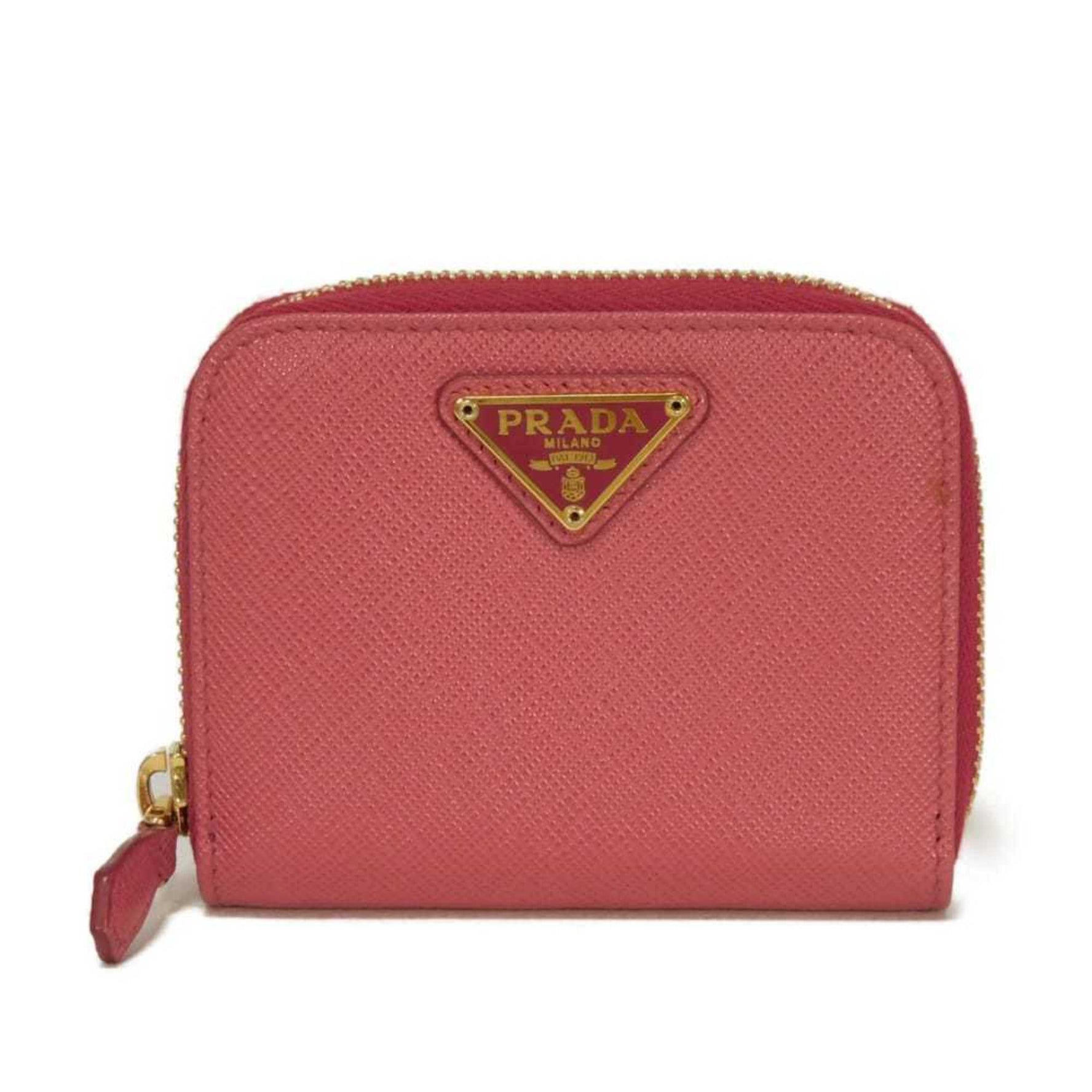 Prada Saffiano Coin Purse, Round Card Case, Triangle, Peony, QHH
