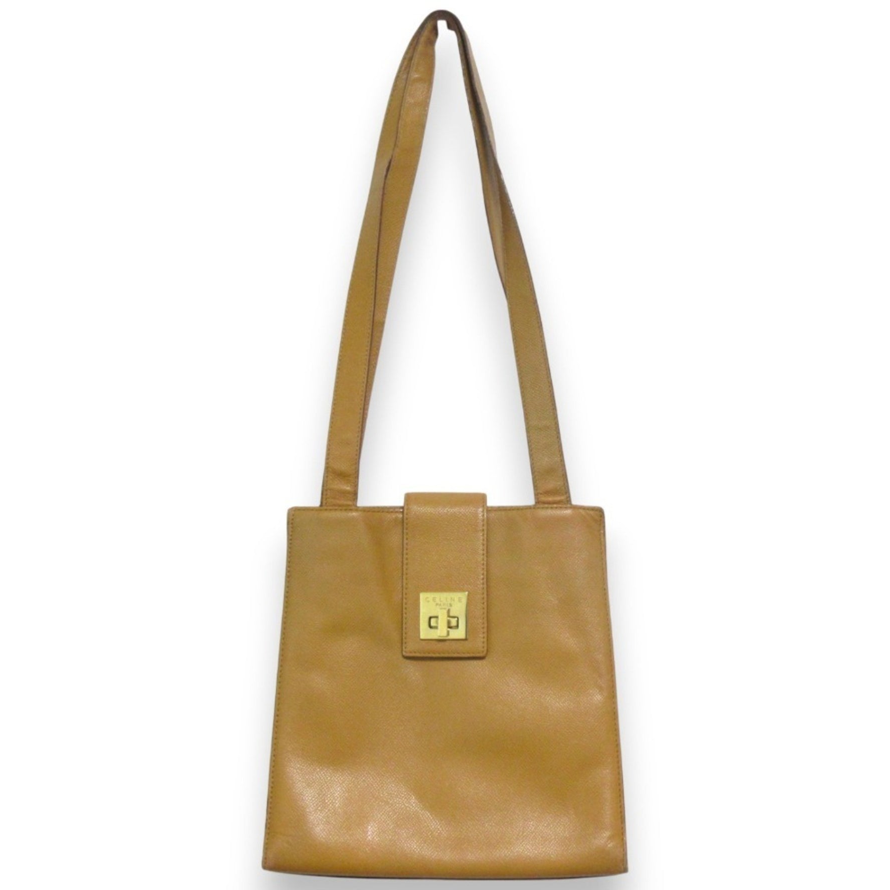 CELINE Turnlock Leather Tote Bag One Shoulder Camel Brown x Gold Hardware